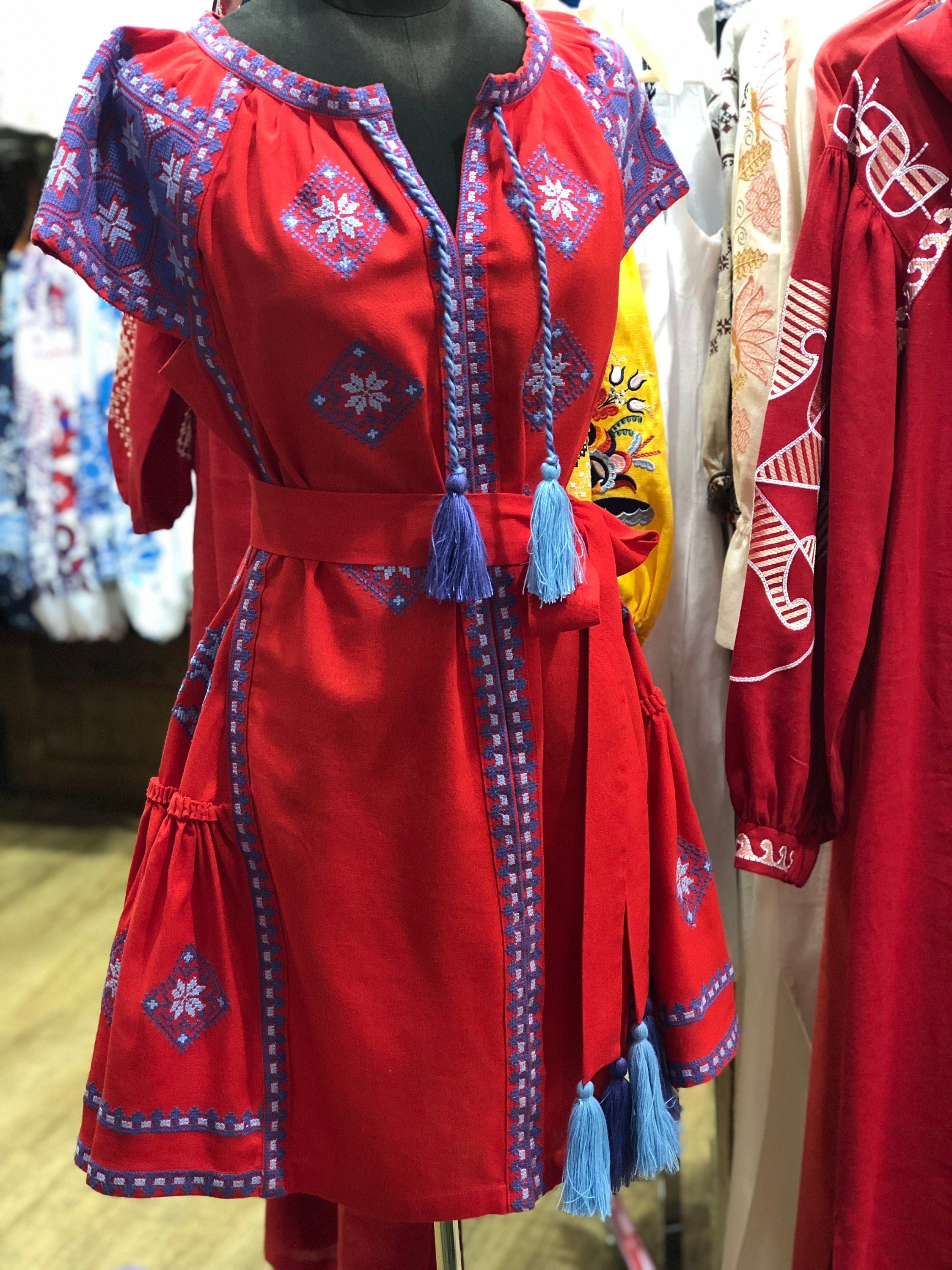 Ukrainian Vyshyvanka Red Linen Dress for Women