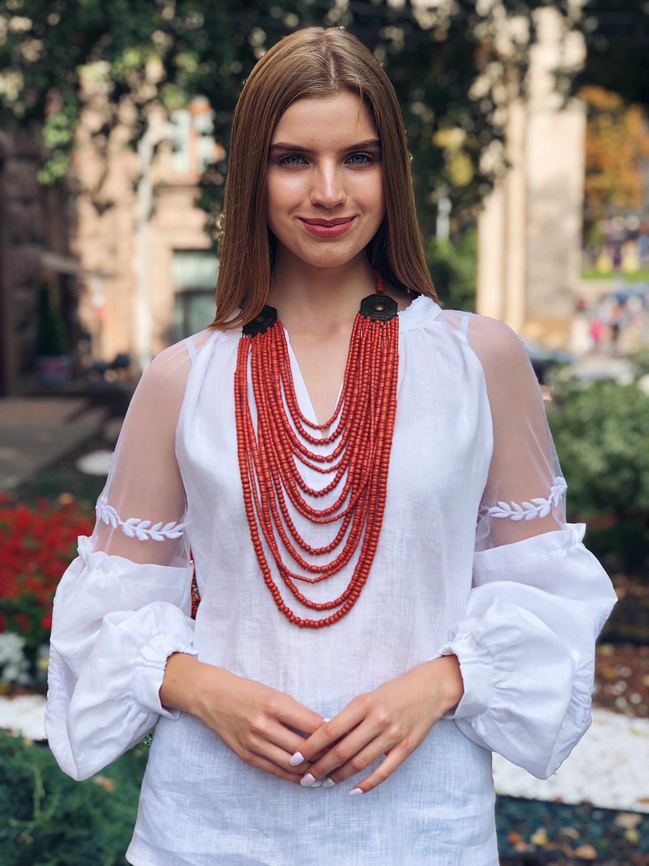 Red Ukrainian Handmade Ceramic Beaded Necklace - Scythian Style