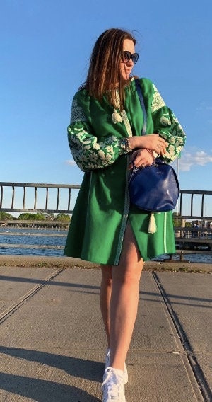 Ukrainian Vyshyvanka Linen Boho Dress - Green Folk Style for Women