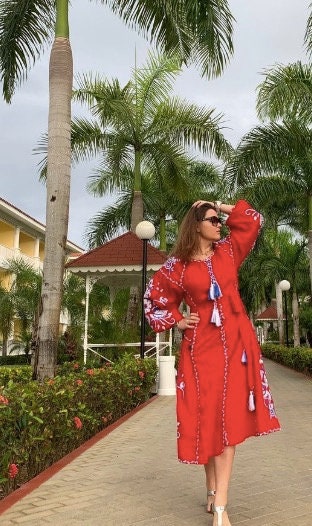 Red Ukrainian Vyshyvanka Dress - Embroidered Linen Dress for Women