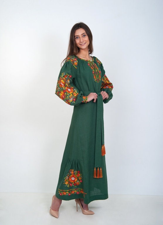 Green Embroidered Linen Vyshyvanka Dress for Women