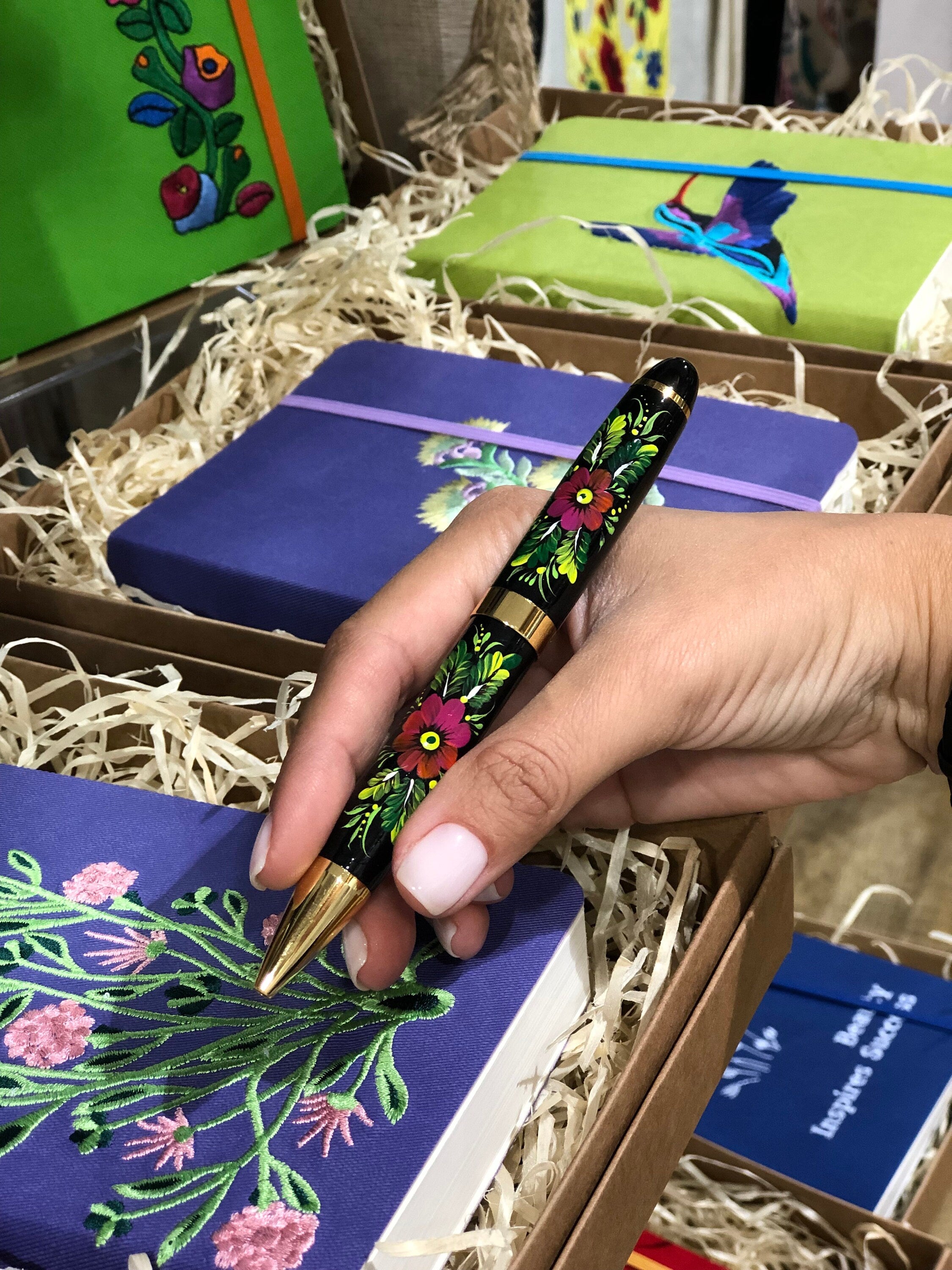 Petrykivsky Hand-Painted Pen with Viburnum Design for Women and Moms