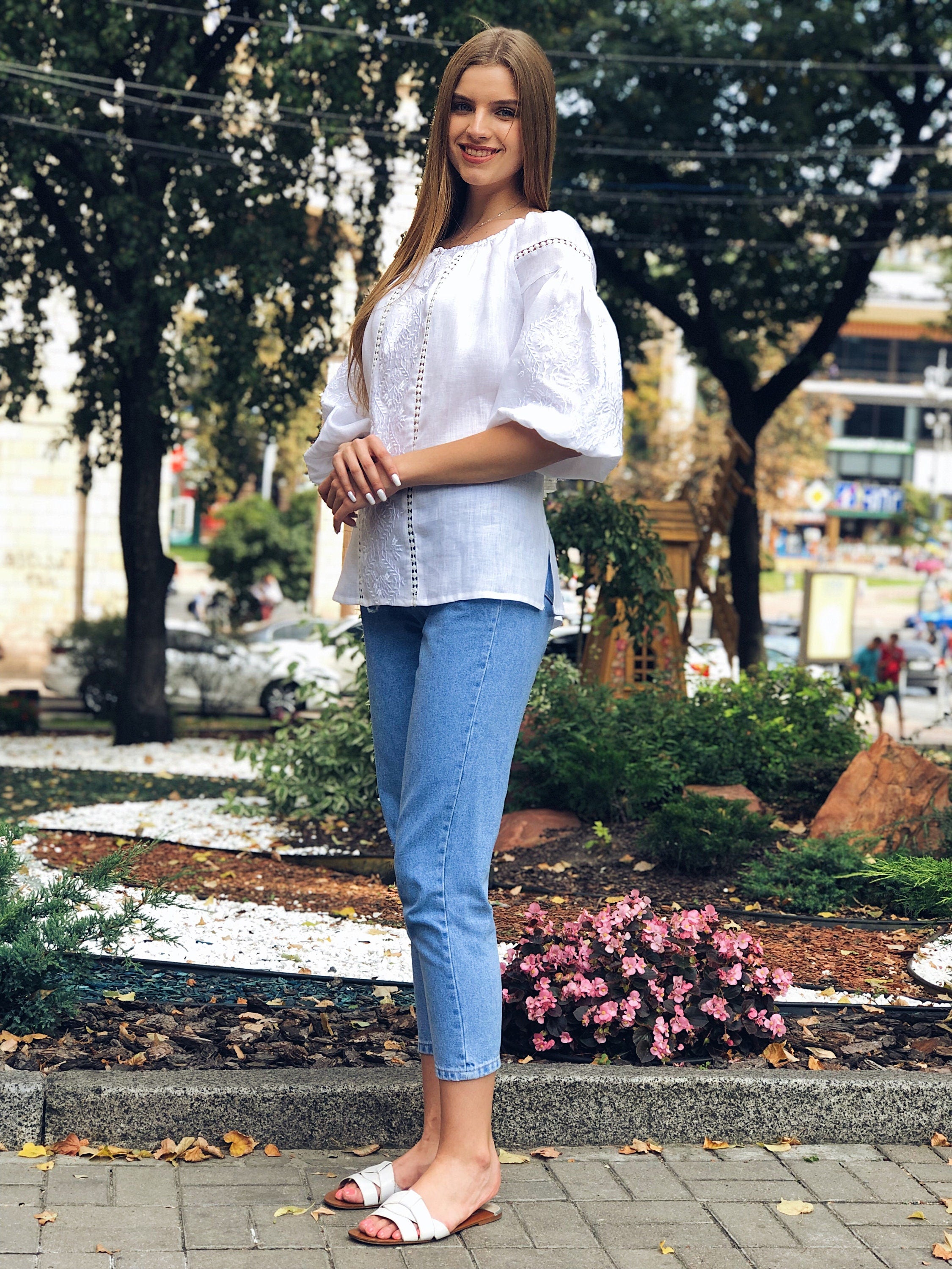 Ukrainian Vyshyvanka Blouse - White Embroidered Bohemian Ethnic Shirt