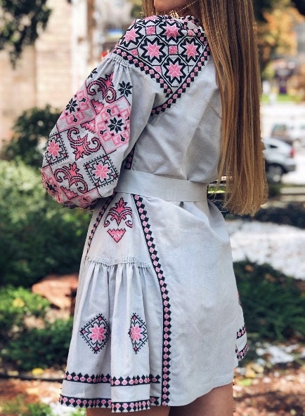 Gray Linen Ukrainian Vyshyvanka Embroidered Dress for Women