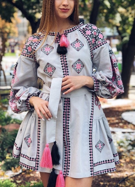 Gray Ukrainian Vyshyvanka Embroidered Linen Dress for Women