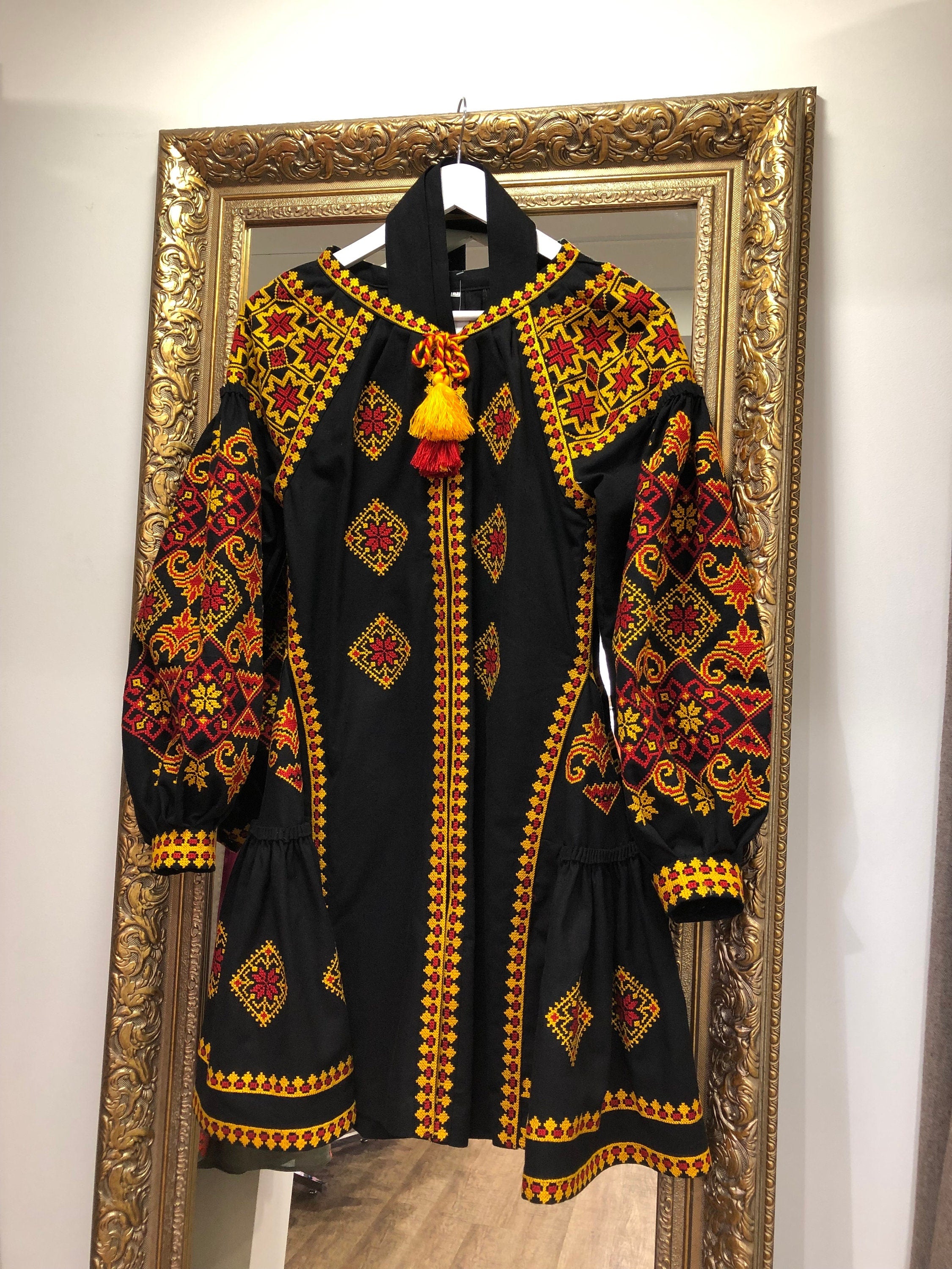 Black Ukrainian Vyshyvanka Embroidered Linen Dress for Women