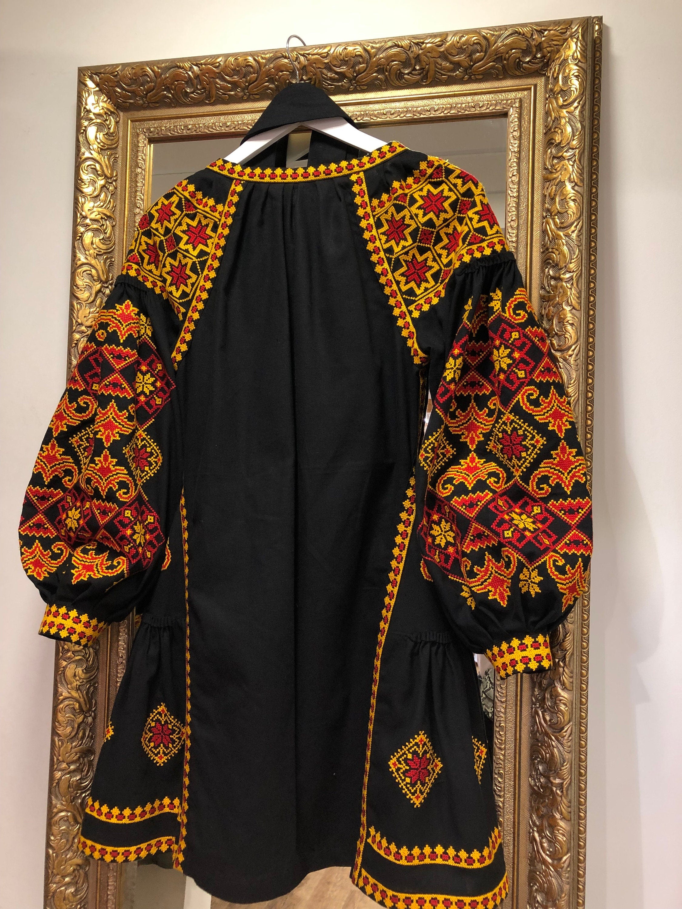 Black Ukrainian Vyshyvanka Embroidered Linen Dress for Women