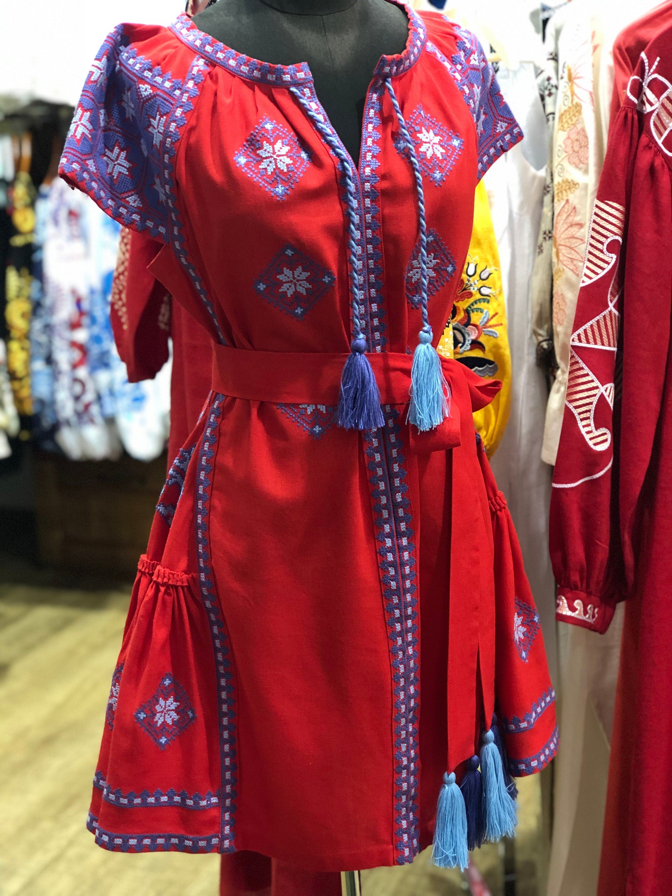 Ukrainian Vyshyvanka Red Linen Dress for Women