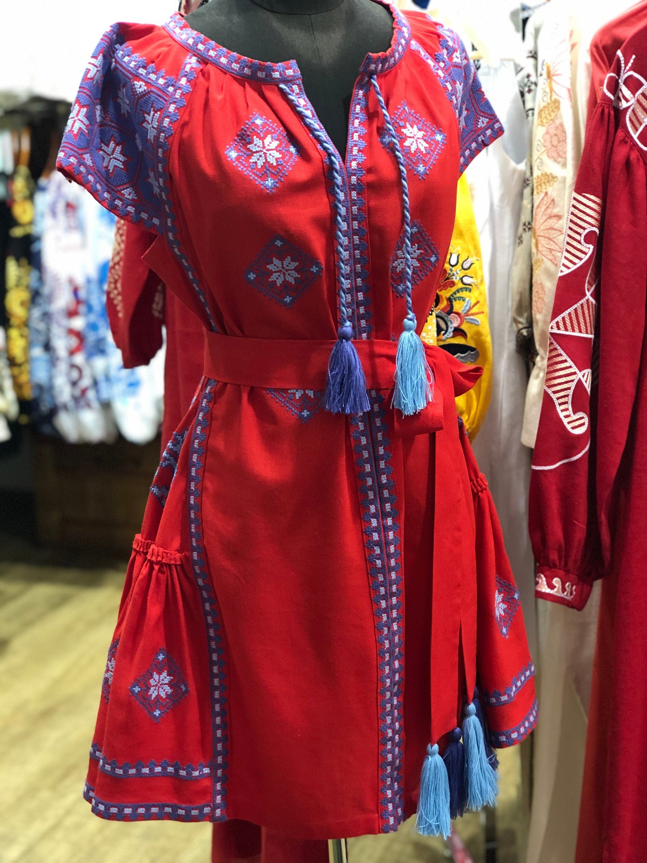 Ukrainian Vyshyvanka Red Linen Dress for Women