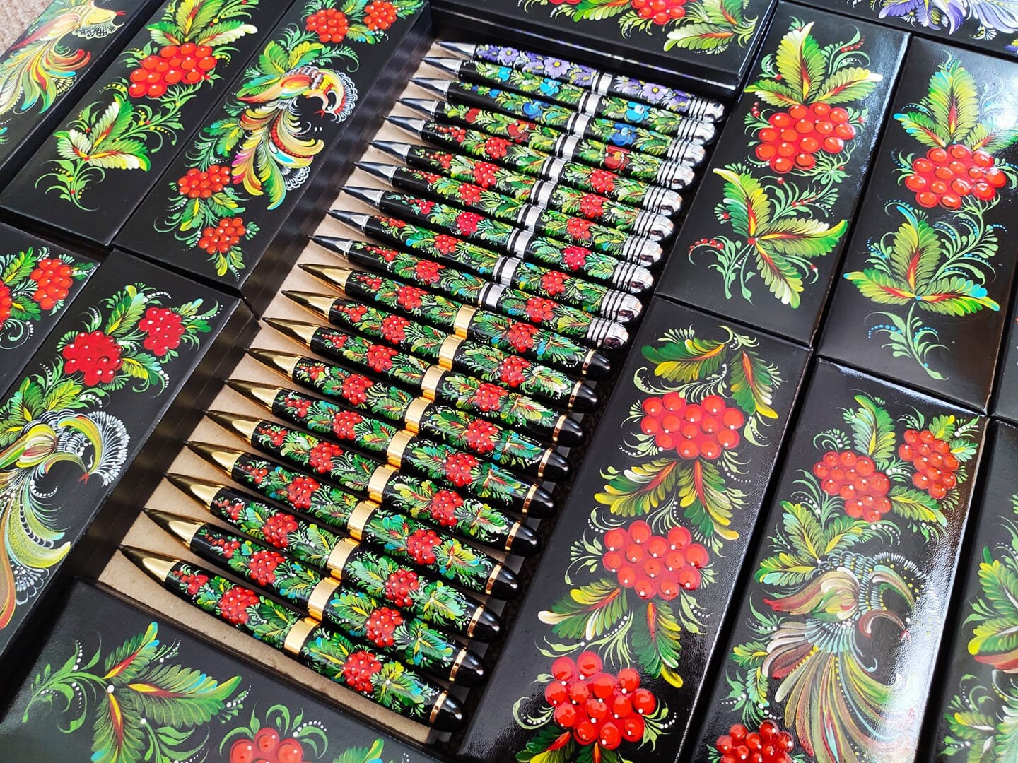 Petrykivsky Hand-Painted Pen with Viburnum Design for Women and Moms