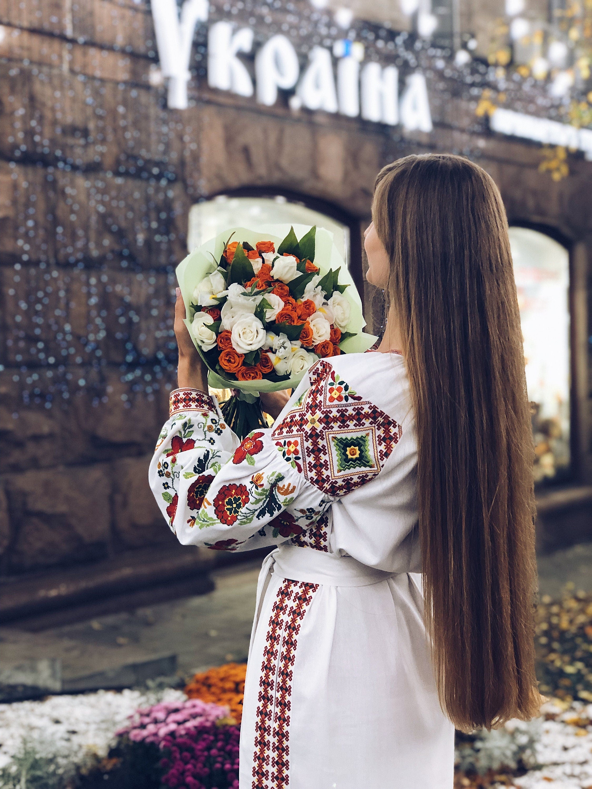 White Linen Ukrainian Vyshyvanka Dress - Embroidered Floral Women's Spring Wear