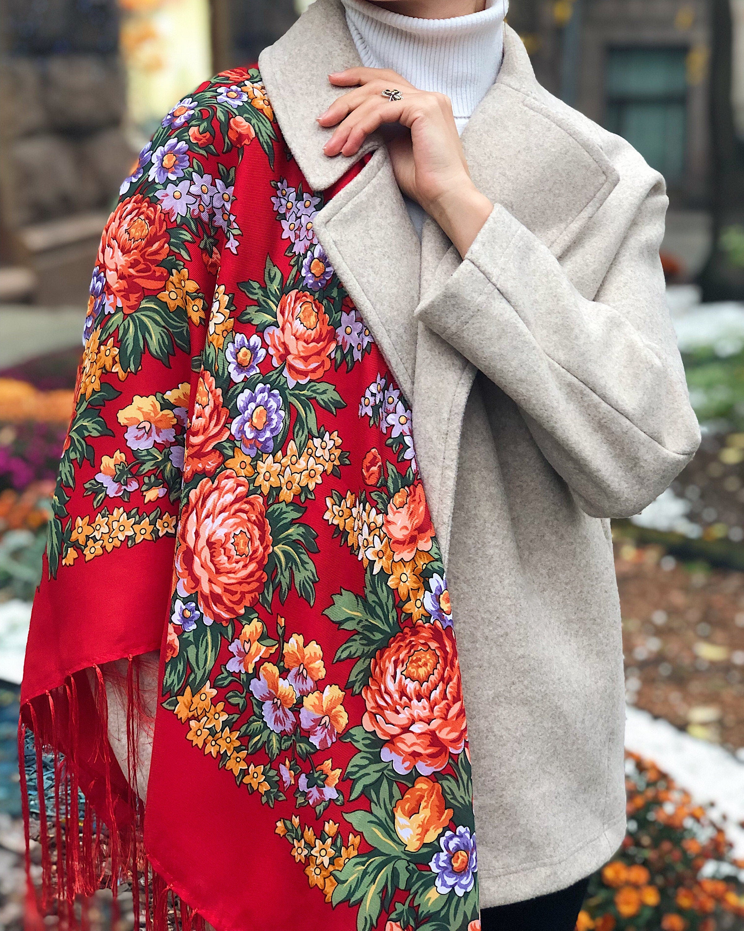 Red Ukrainian Wool Shawl Floral Wrap for Women Traditional