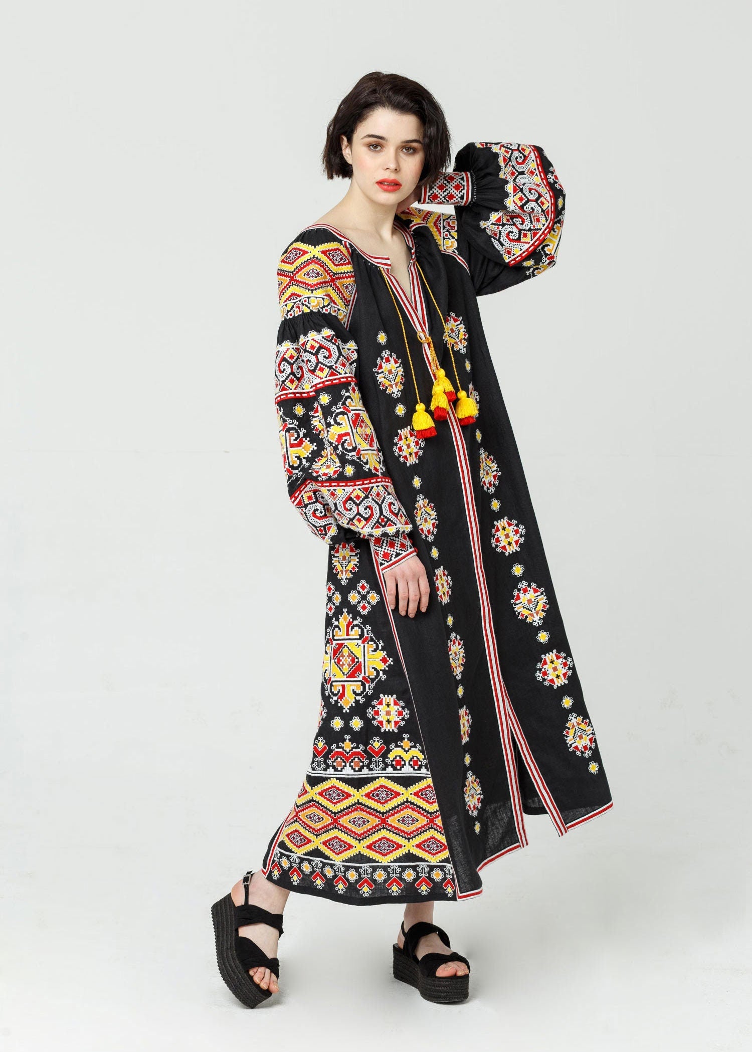 Black Ukrainian Vyshyvanka Embroidered Linen Dress for Women
