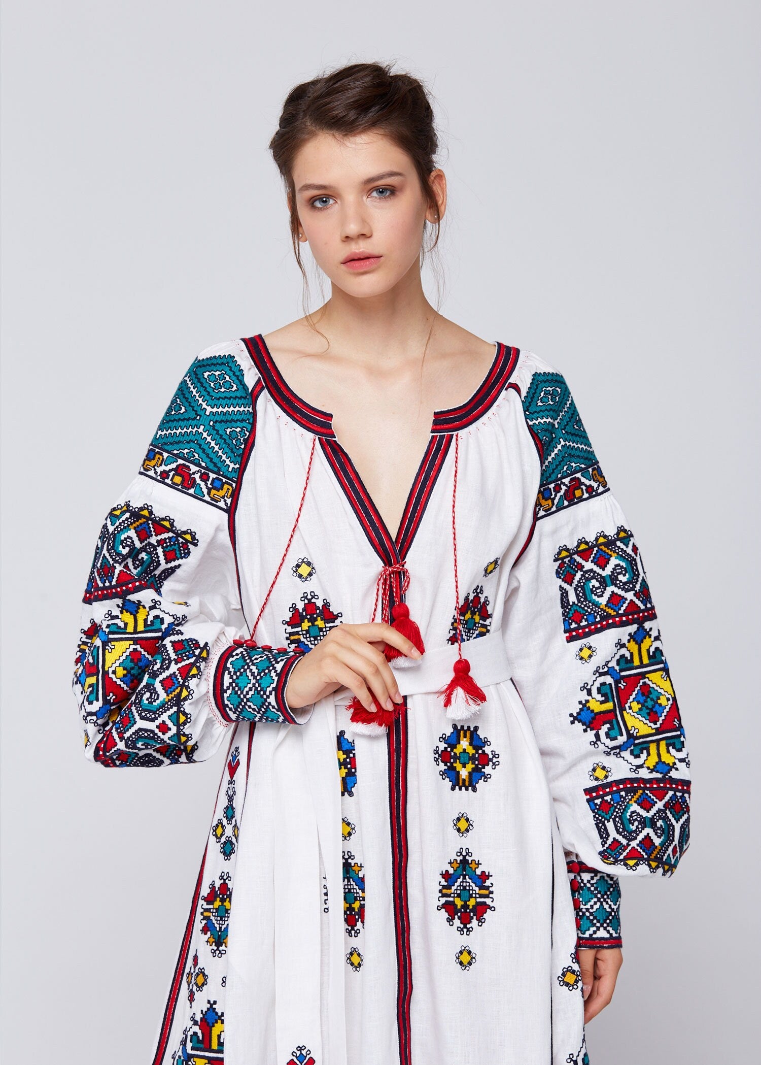 White Linen Embroidered Ukrainian Vyshyvanka Wedding Dress