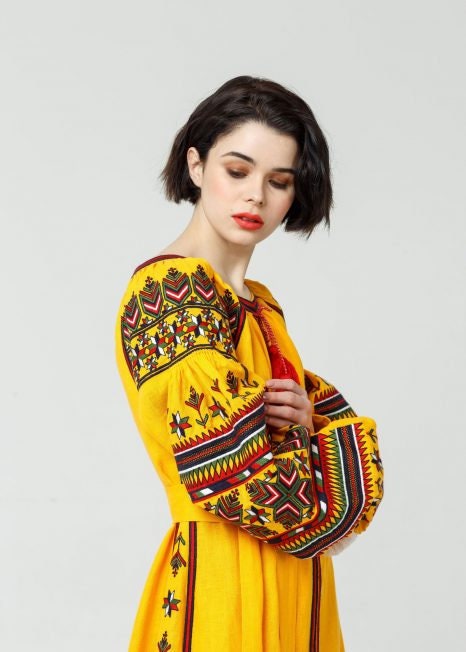 Yellow Ukrainian Vyshyvanka Embroidered Linen Dress for Women