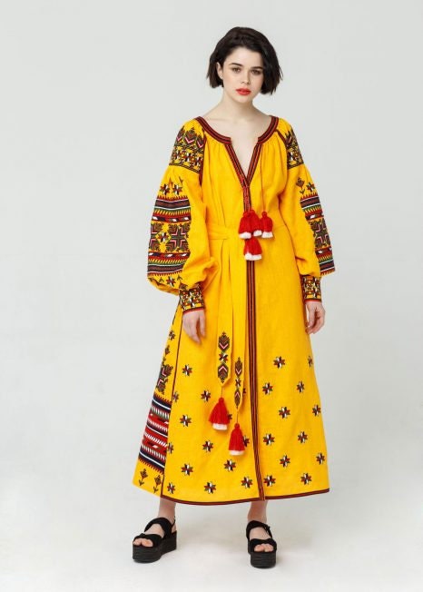 Yellow Ukrainian Vyshyvanka Embroidered Linen Dress for Women