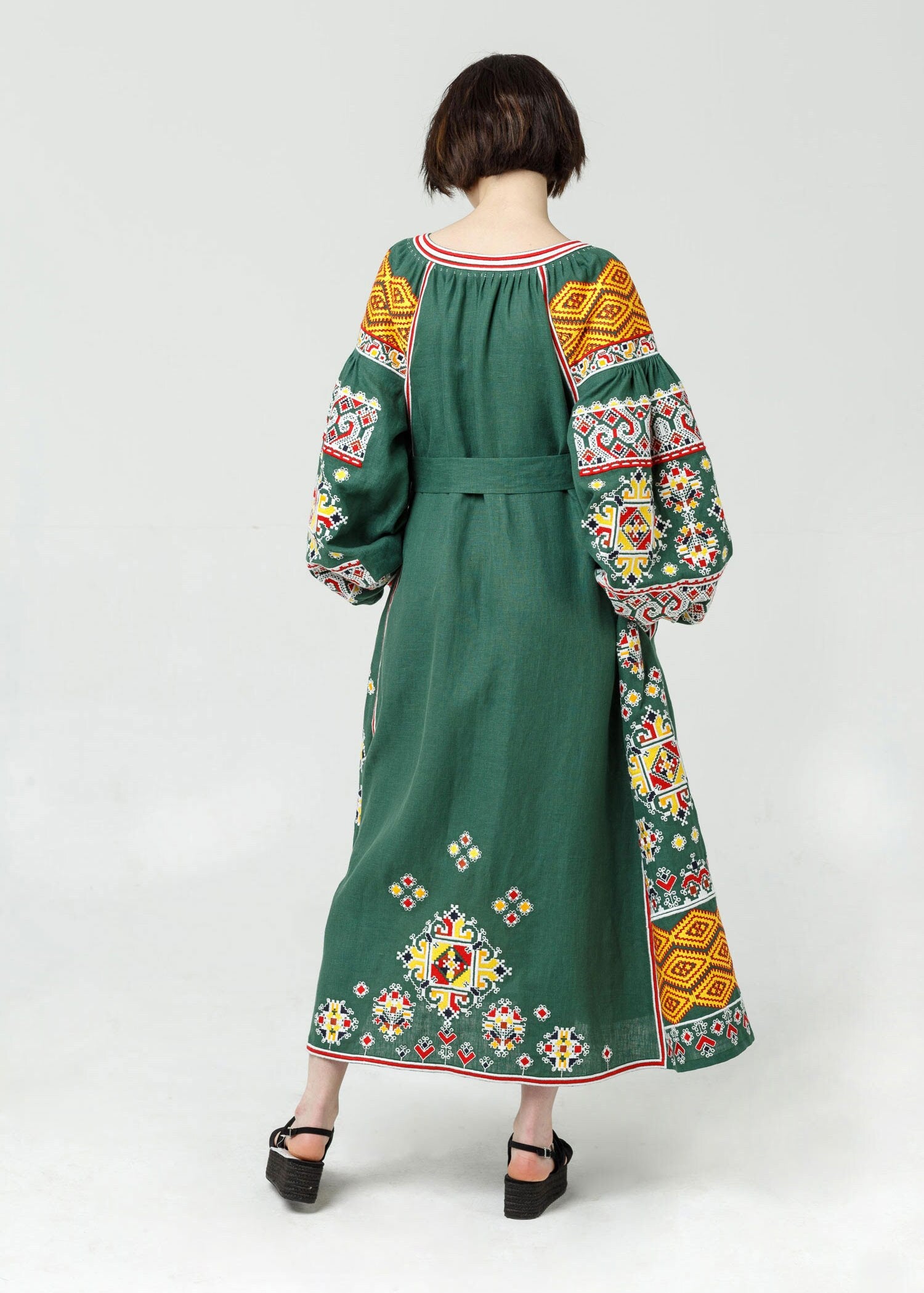 Green Ukrainian Vyshyvanka Linen Dress for Women