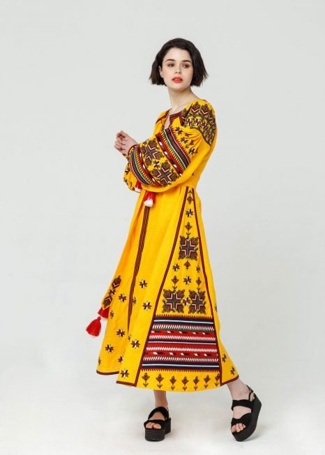 Yellow Ukrainian Vyshyvanka Embroidered Linen Dress for Women