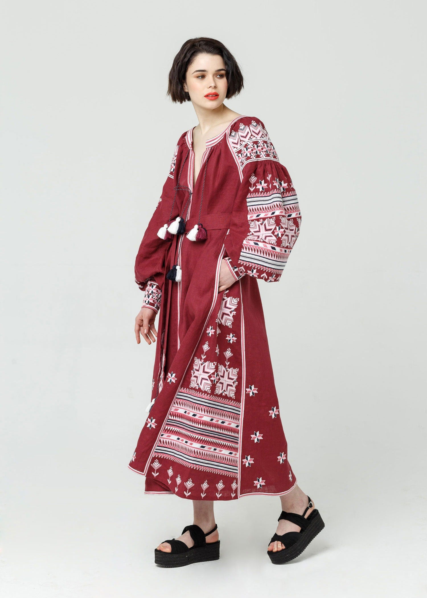 Embroidered Ukrainian Vyshyvanka Dress in Burgundy – Women's Linen Fashion