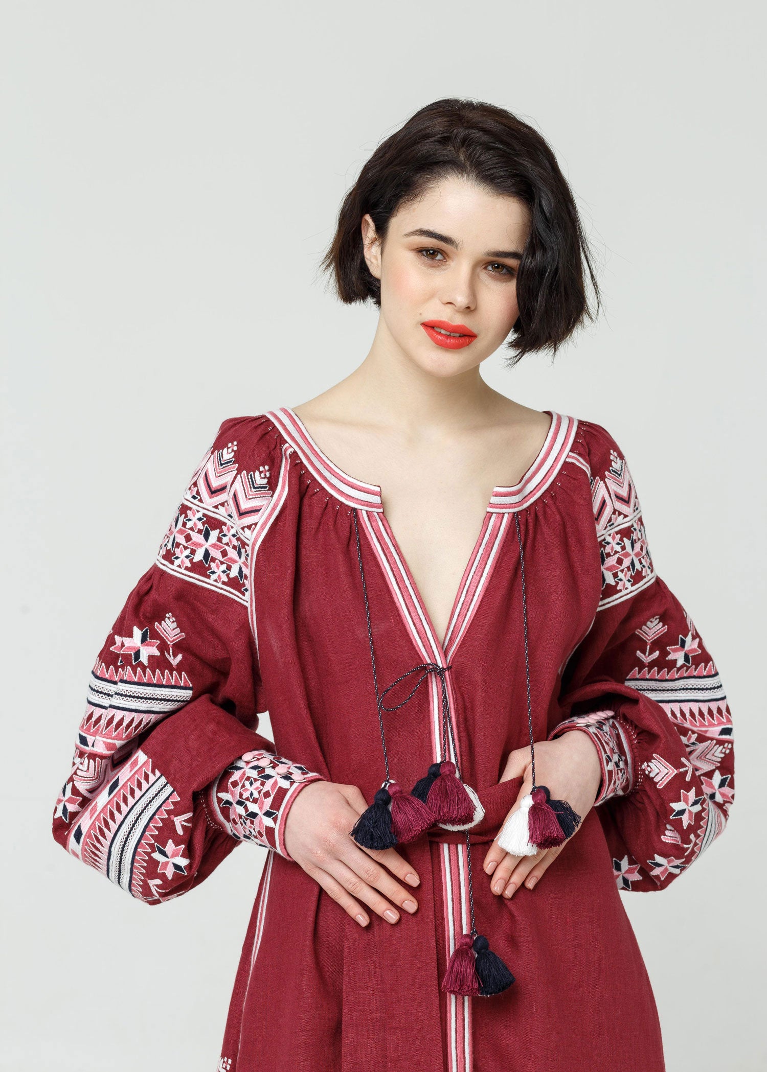 Embroidered Ukrainian Vyshyvanka Dress in Burgundy – Women's Linen Fashion