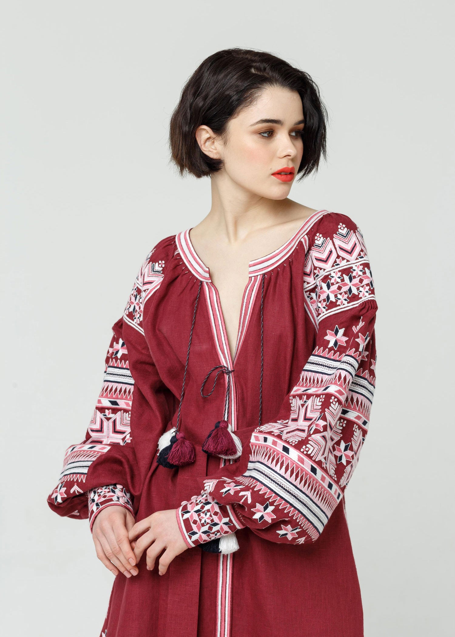 Embroidered Ukrainian Vyshyvanka Dress in Burgundy – Women's Linen Fashion