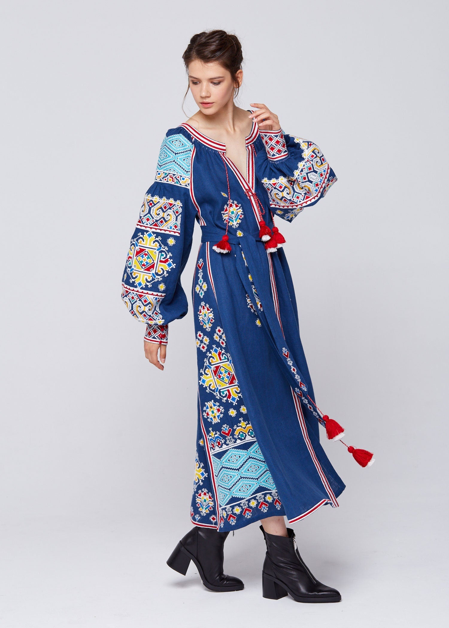 Linen Blue Embroidered Vyshyvanka Dress for Women