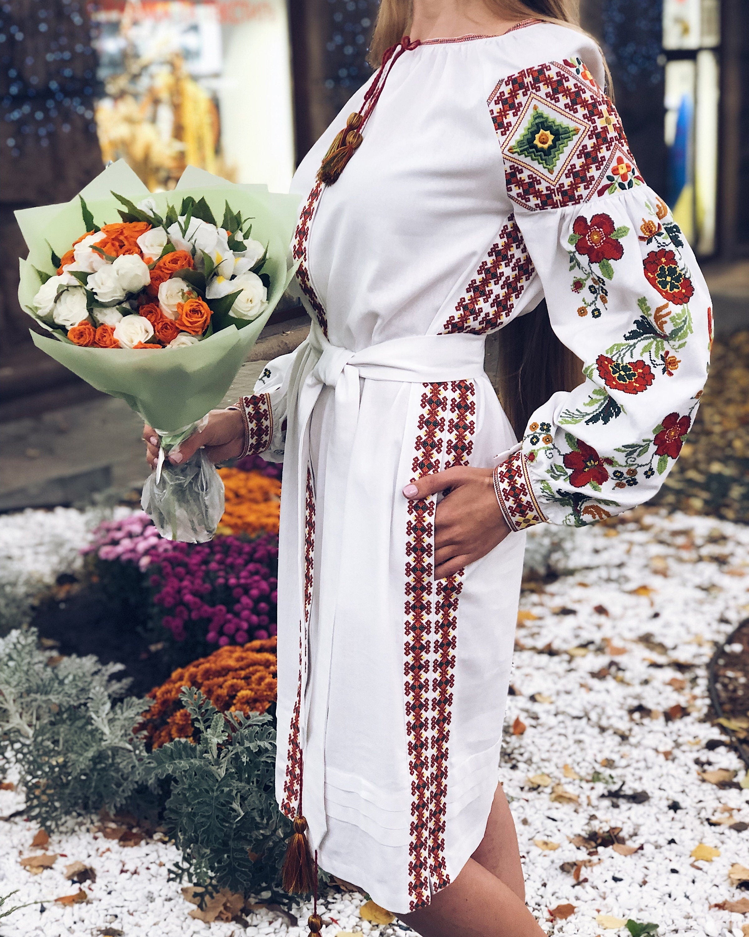 Ukrainian Vyshyvanka Embroidered Linen Dress for Women - Blue Dress for Easter