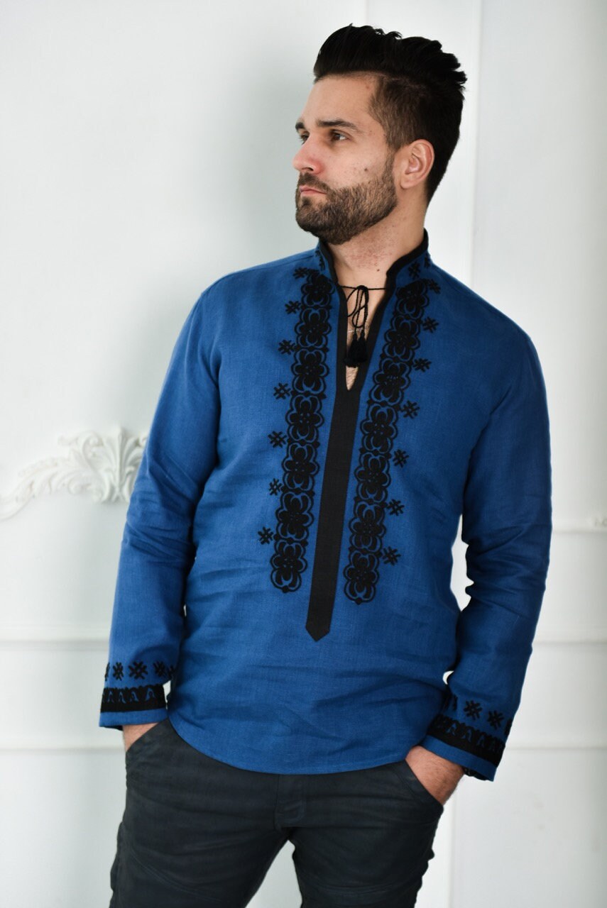 Men's Blue Ukrainian Embroidered Shirt - Traditional Style