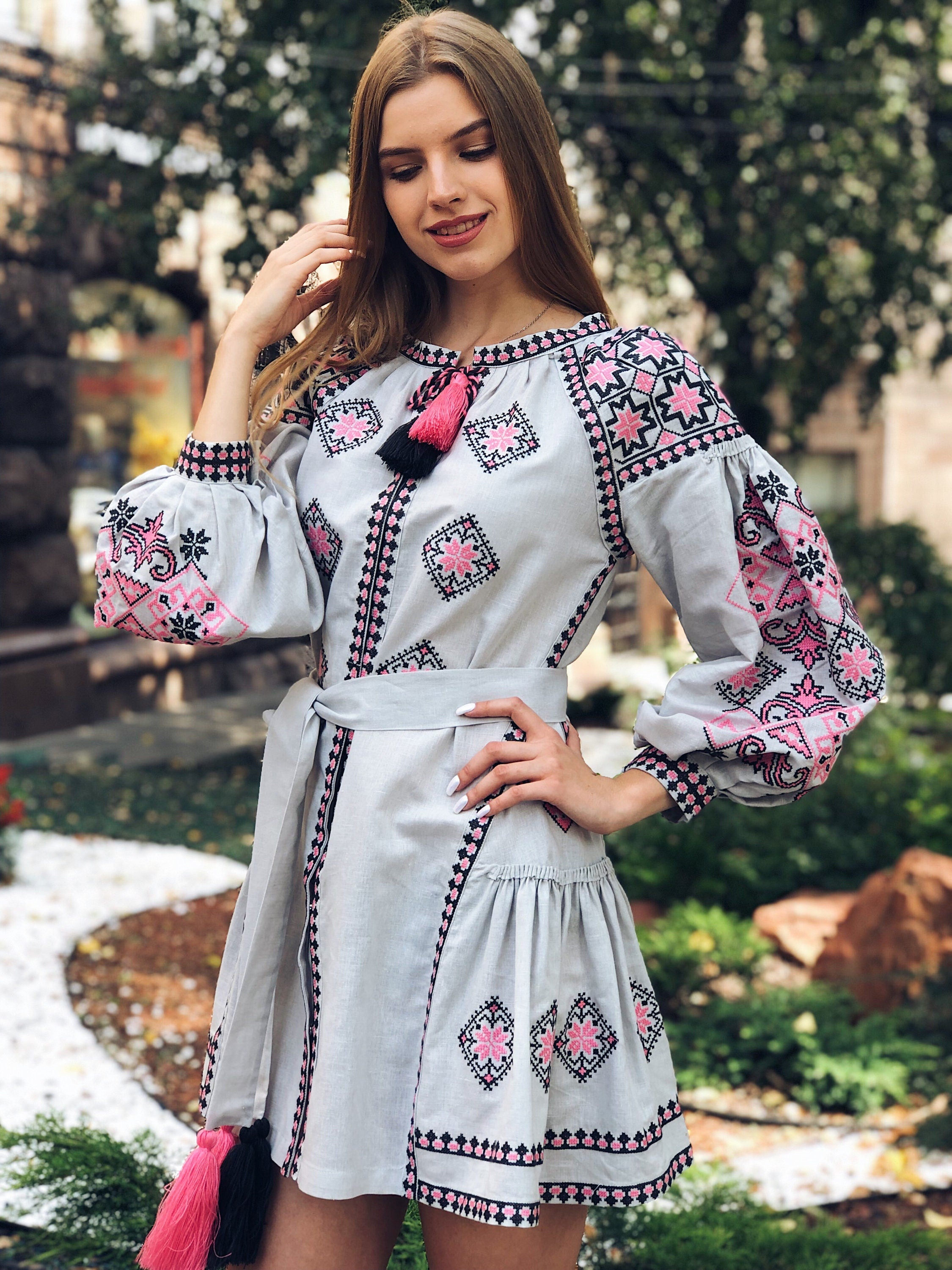 Gray Ukrainian Vyshyvanka Embroidered Linen Dress for Women