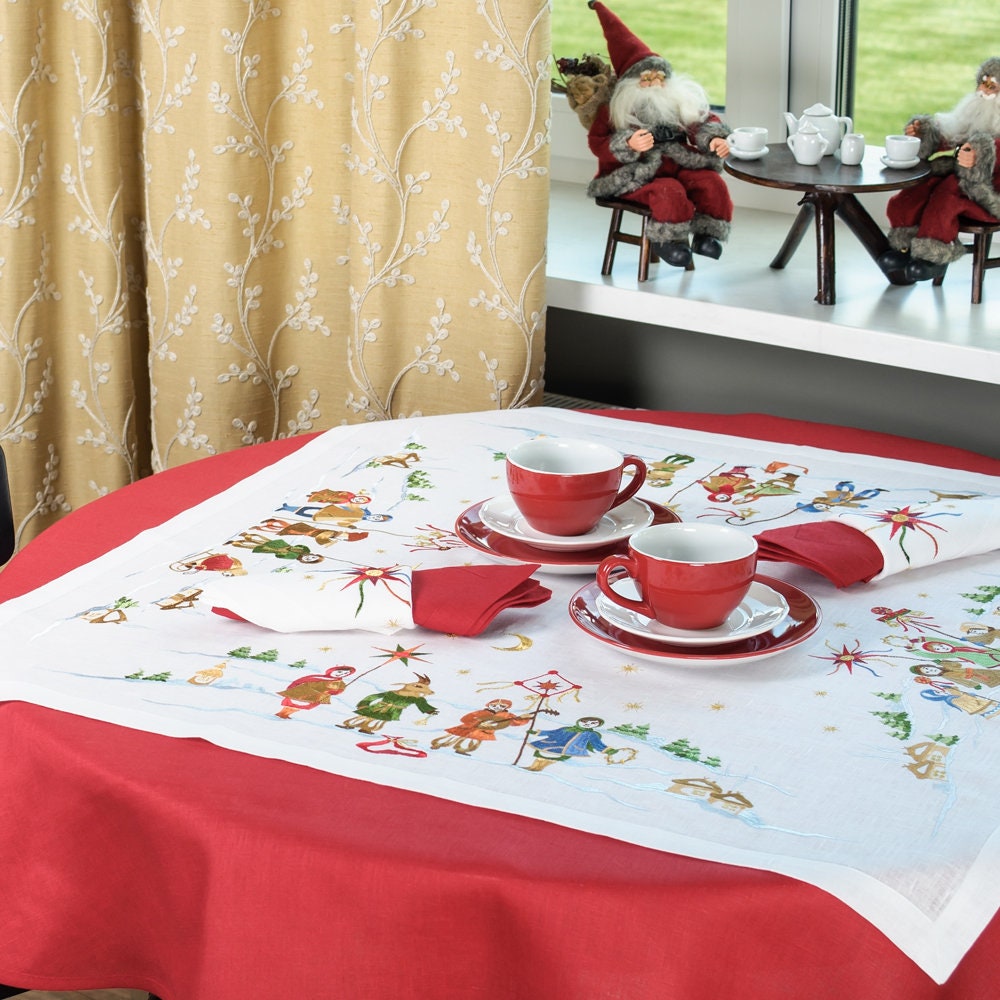 Christmas Carol Embroidered Ukrainian Tablecloth 88x88 cm Linen Runner