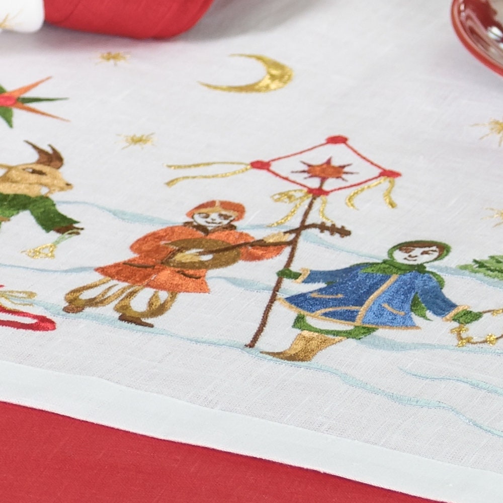Christmas Carol Embroidered Ukrainian Tablecloth 88x88 cm Linen Runner