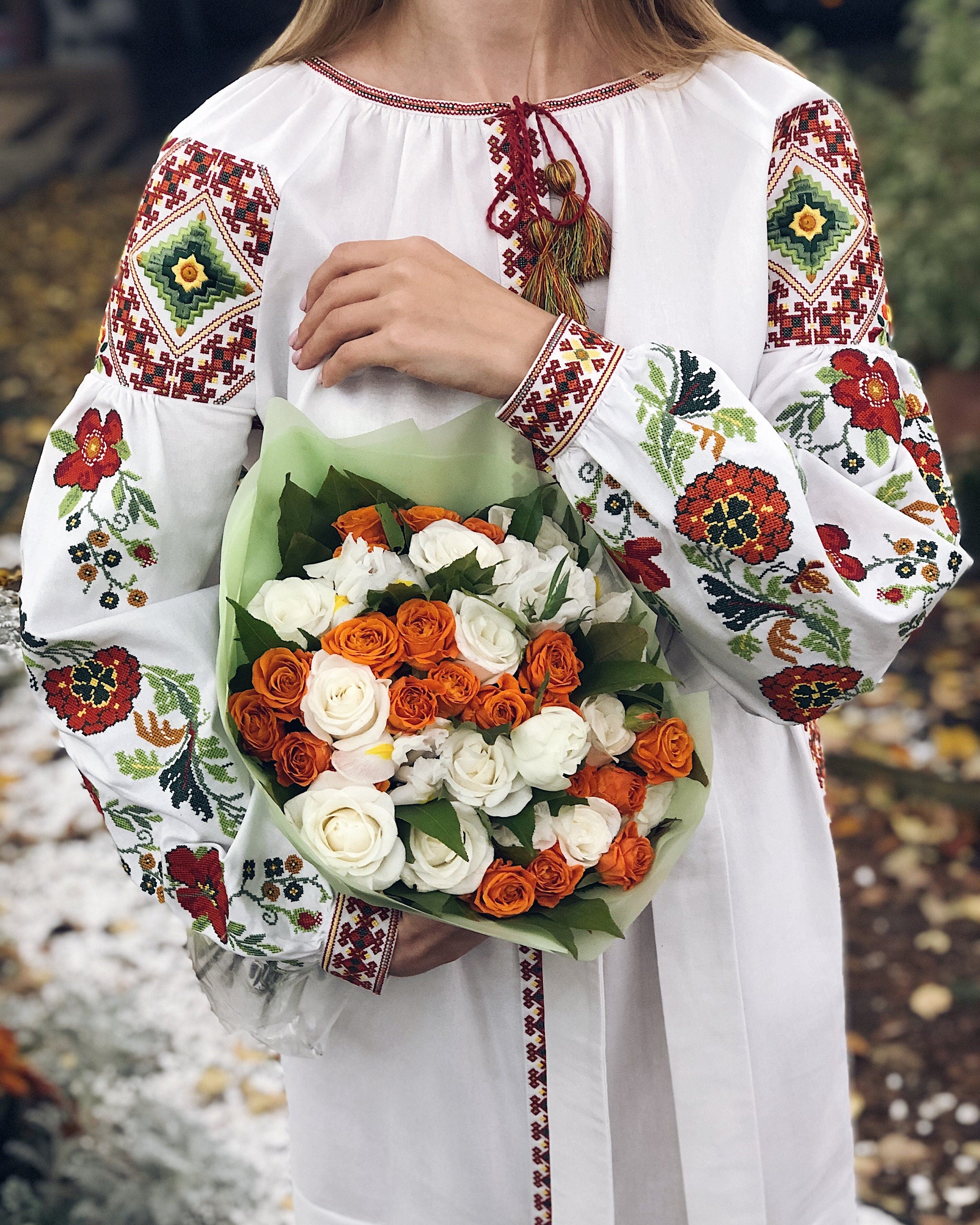 White Linen Ukrainian Vyshyvanka Dress - Embroidered Floral Women's Spring Wear