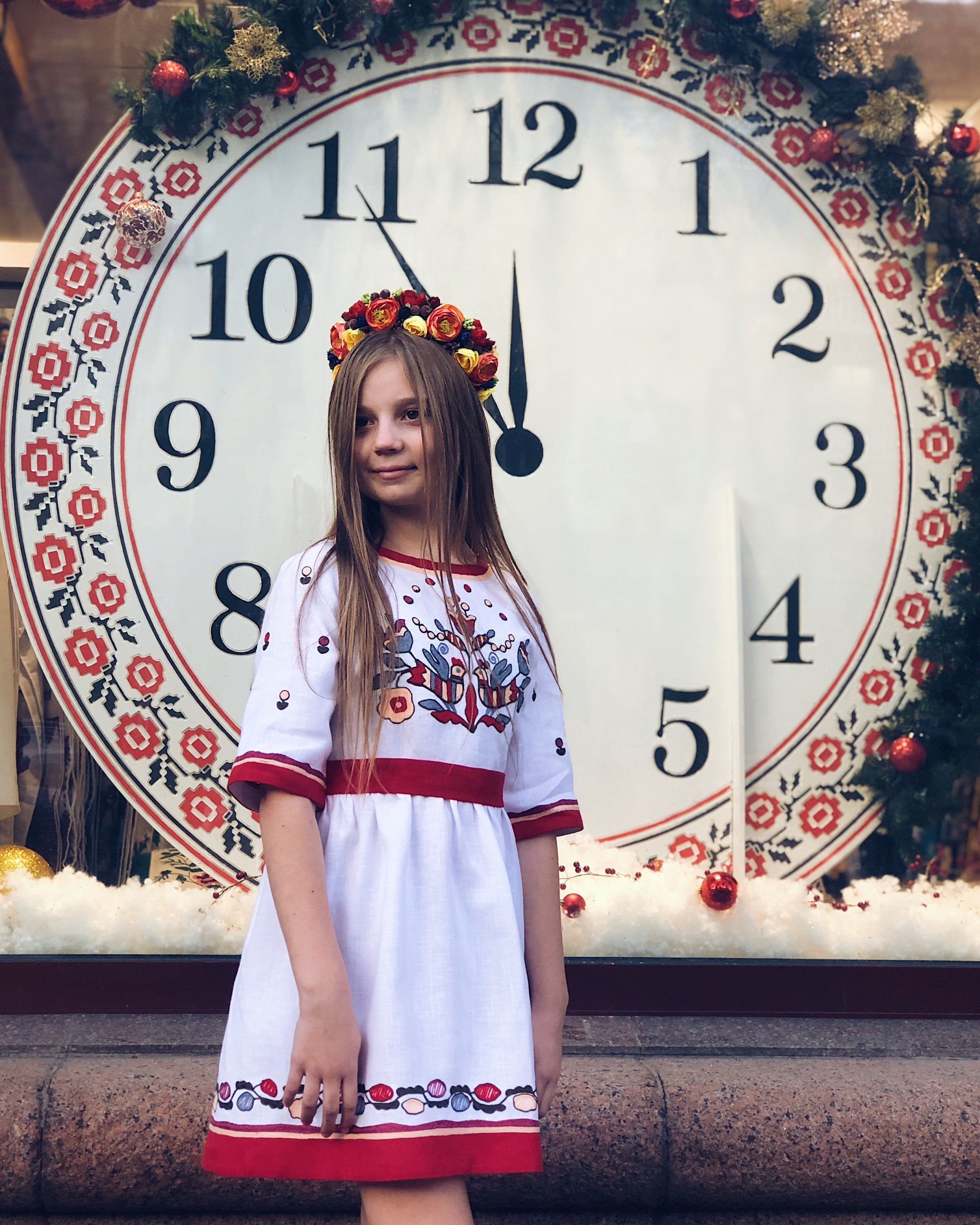 White Embroidered Vyshyvanka Linen Dress for Girls - Traditional Ukrainian Style