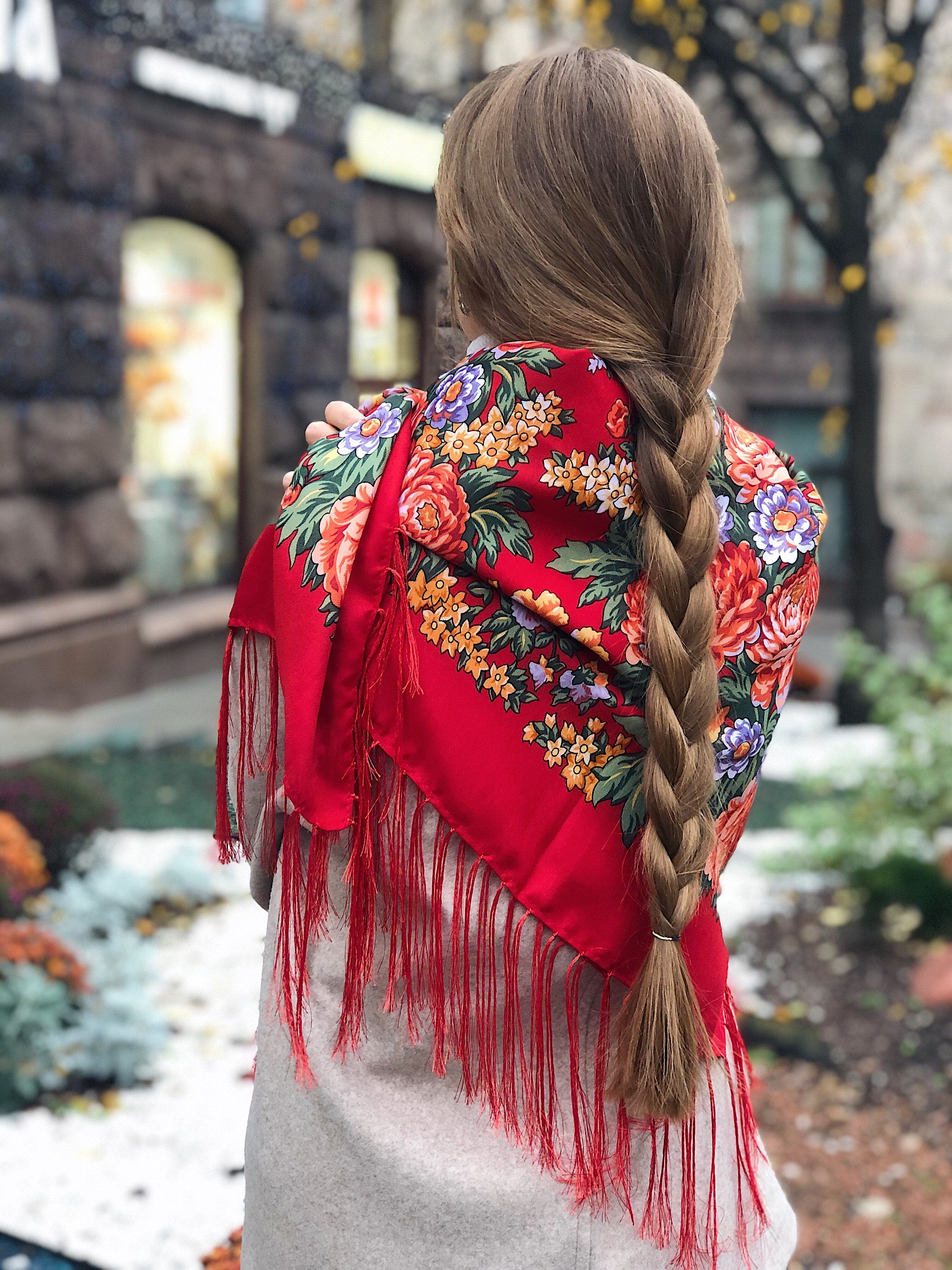 Red Ukrainian Wool Shawl Floral Wrap for Women Traditional