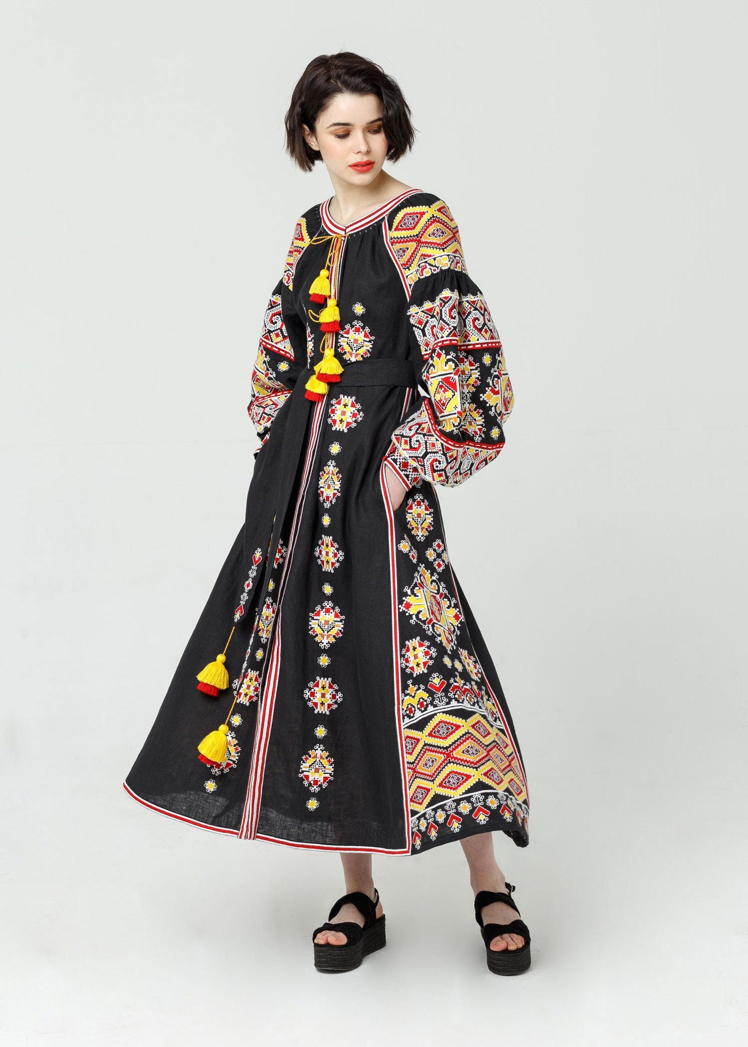 Black Ukrainian Vyshyvanka Embroidered Linen Dress for Women