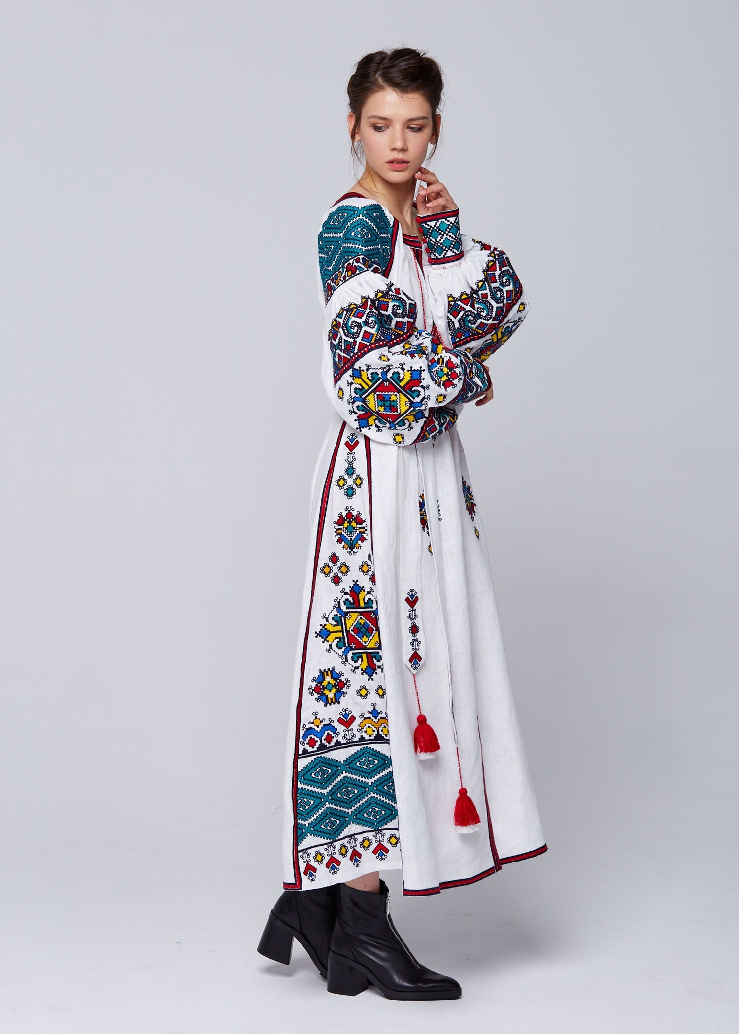 White Linen Embroidered Ukrainian Vyshyvanka Wedding Dress