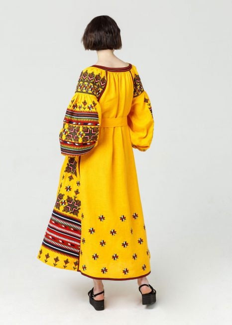 Yellow Ukrainian Vyshyvanka Embroidered Linen Dress for Women