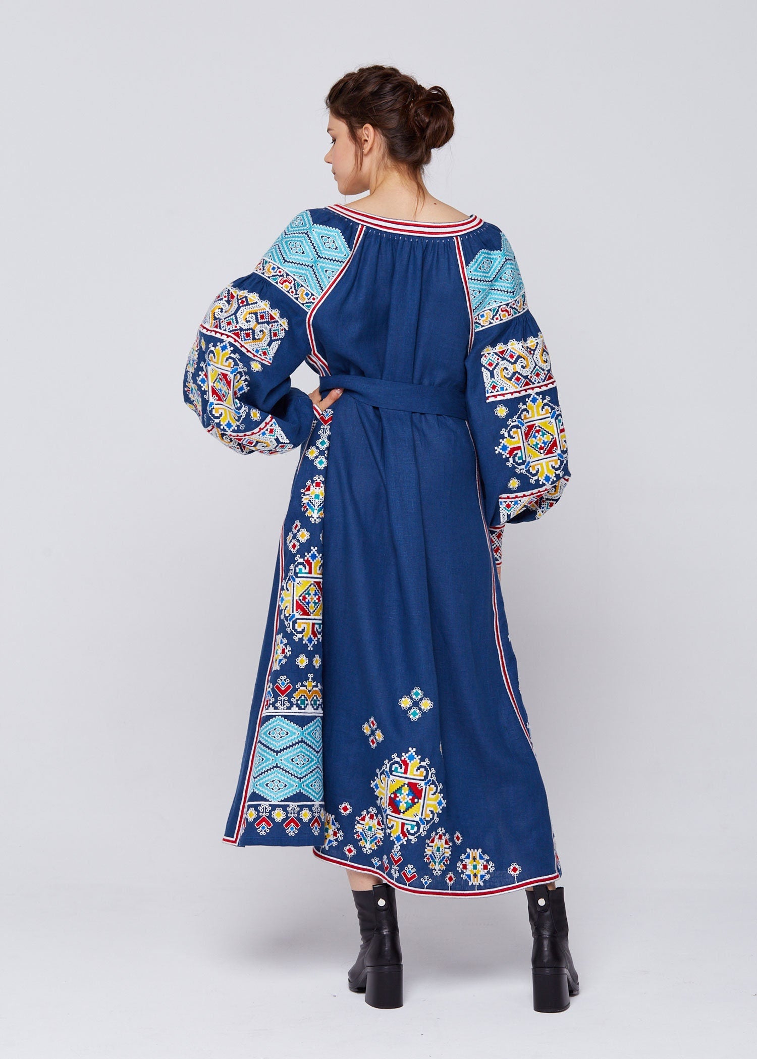 Linen Blue Embroidered Vyshyvanka Dress for Women