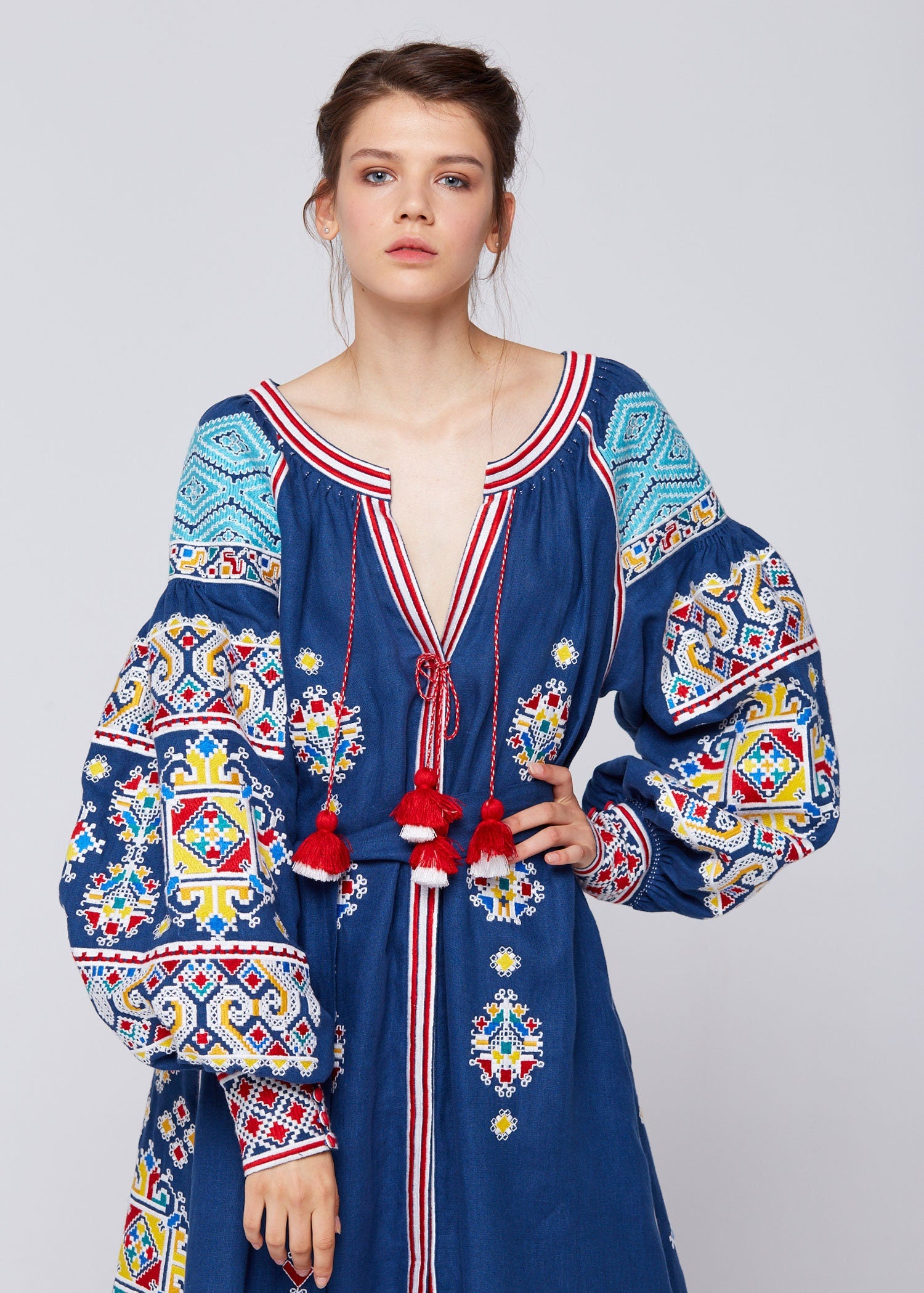 Linen Blue Embroidered Vyshyvanka Dress for Women