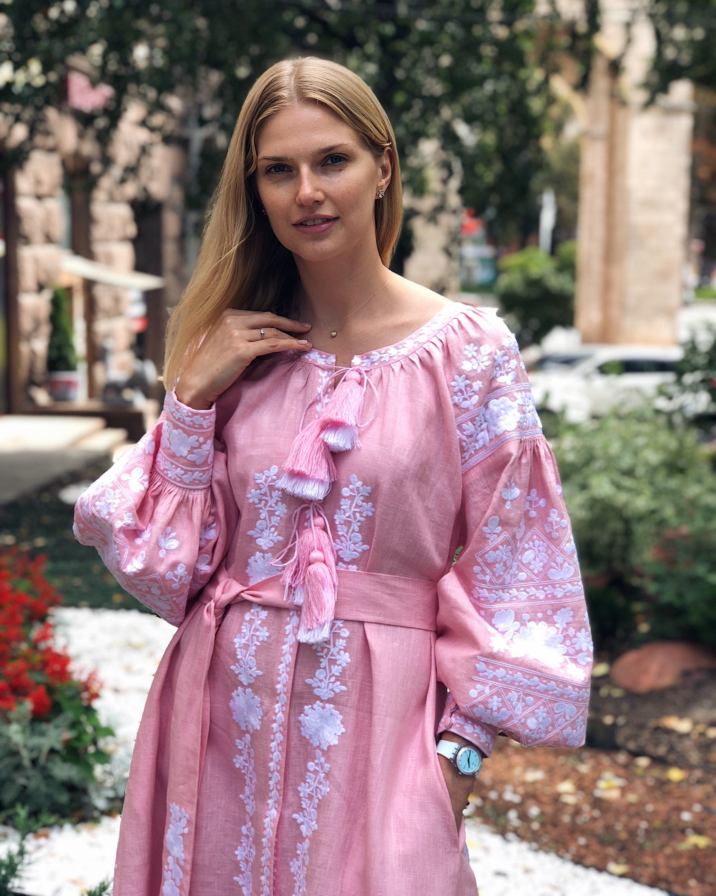 Pink Ukrainian Vyshyvanka Linen Dress for Women