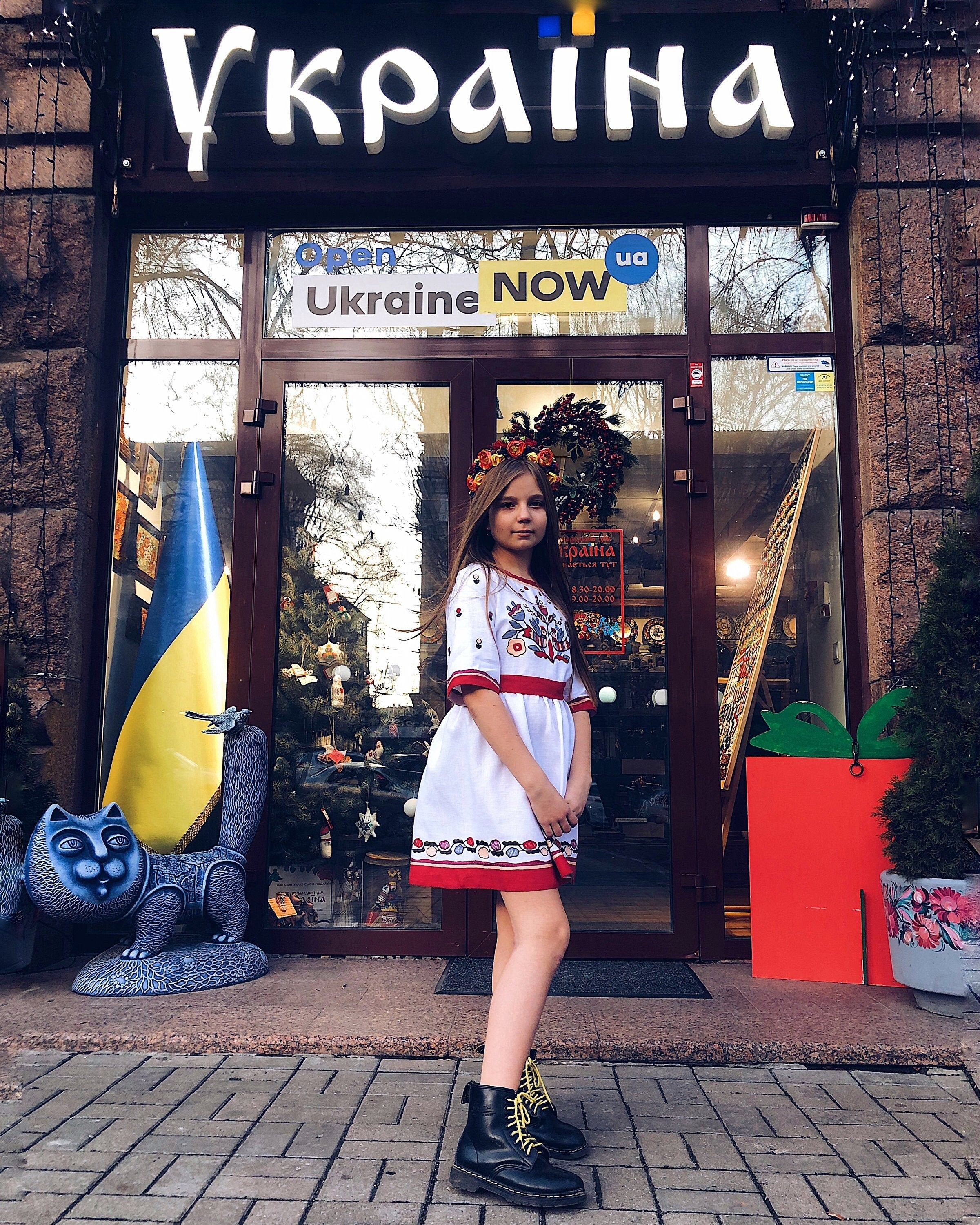White Embroidered Vyshyvanka Linen Dress for Girls - Traditional Ukrainian Style