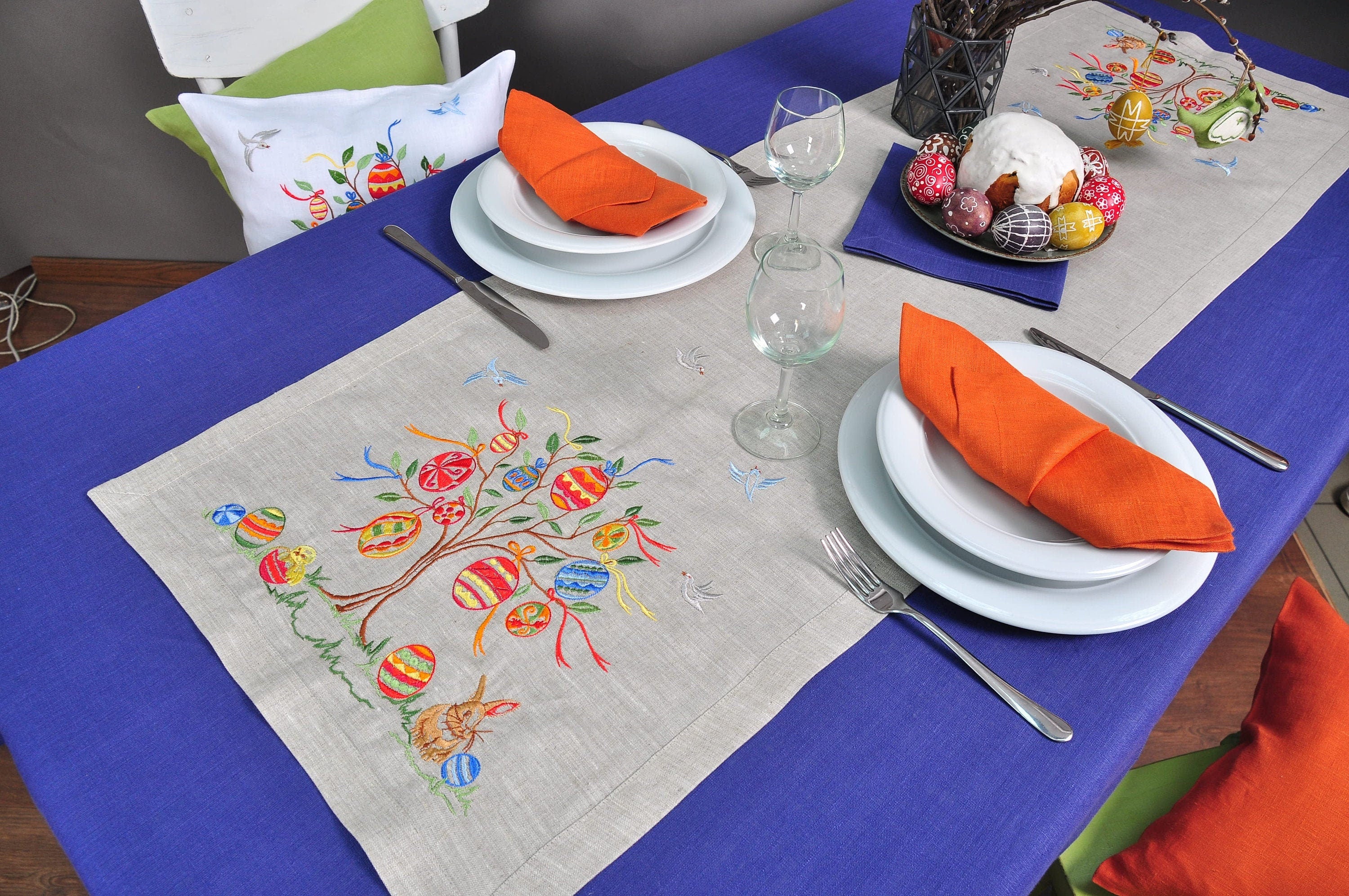 Linen Tabletop 136x40 CM - Embroidered Ukrainian Table Runner for Easter