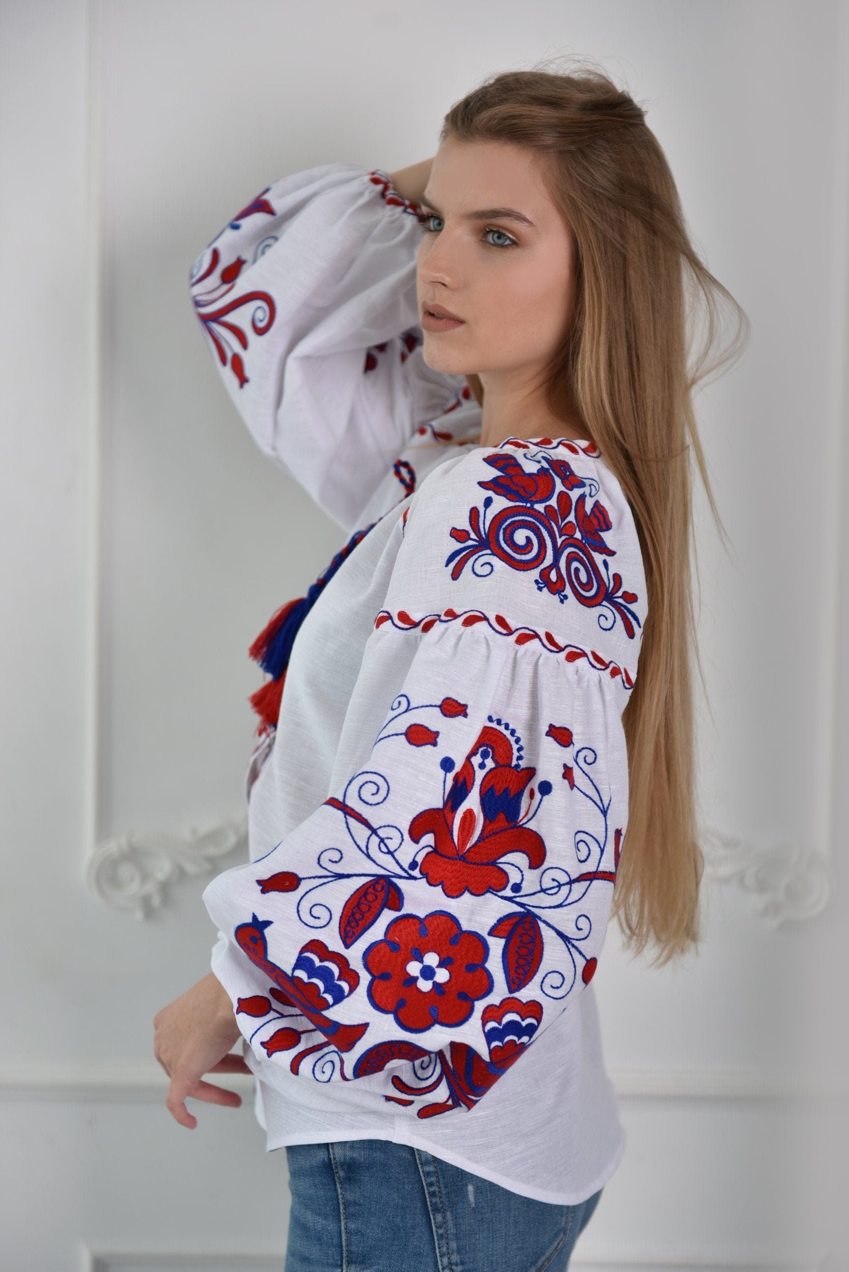 White Embroidered Linen Ukrainian Vyshyvanka Blouse - Folk Easter Style