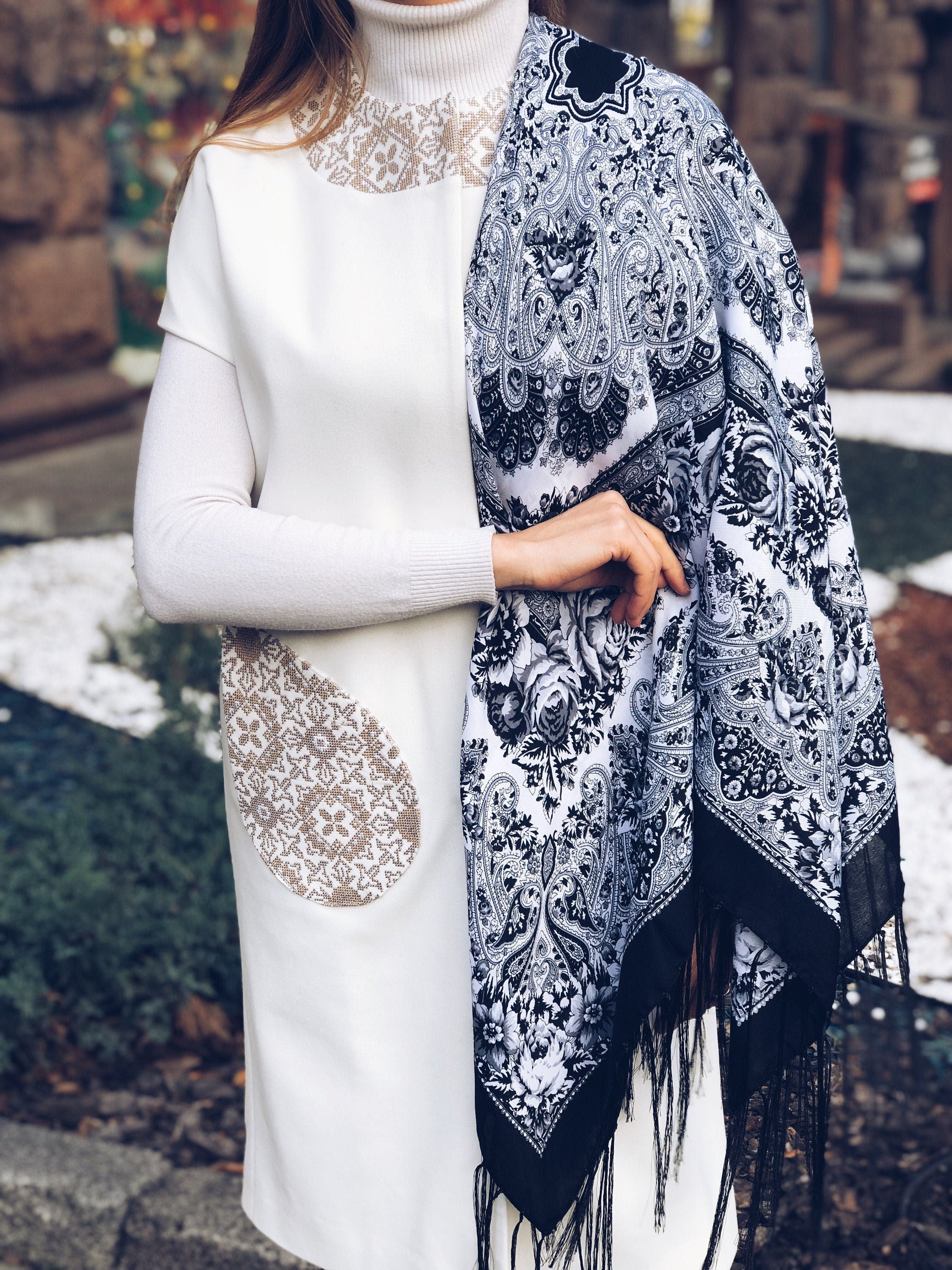 Ukrainian Black Wool Shawl - Floral Design Boho Scarf for Women