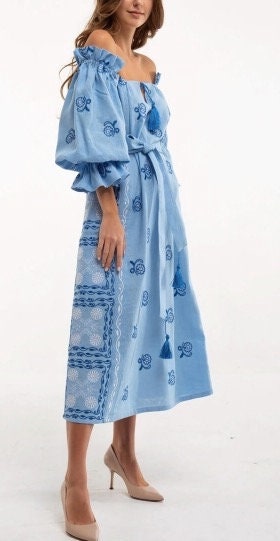 Blue Embroidered Dress Linen Ukrainian Vyshyvanka for Women