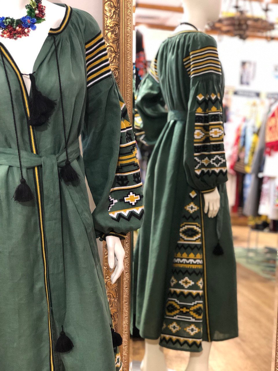Ukrainian Vyshyvanka Linen Embroidered Green Dress for Women