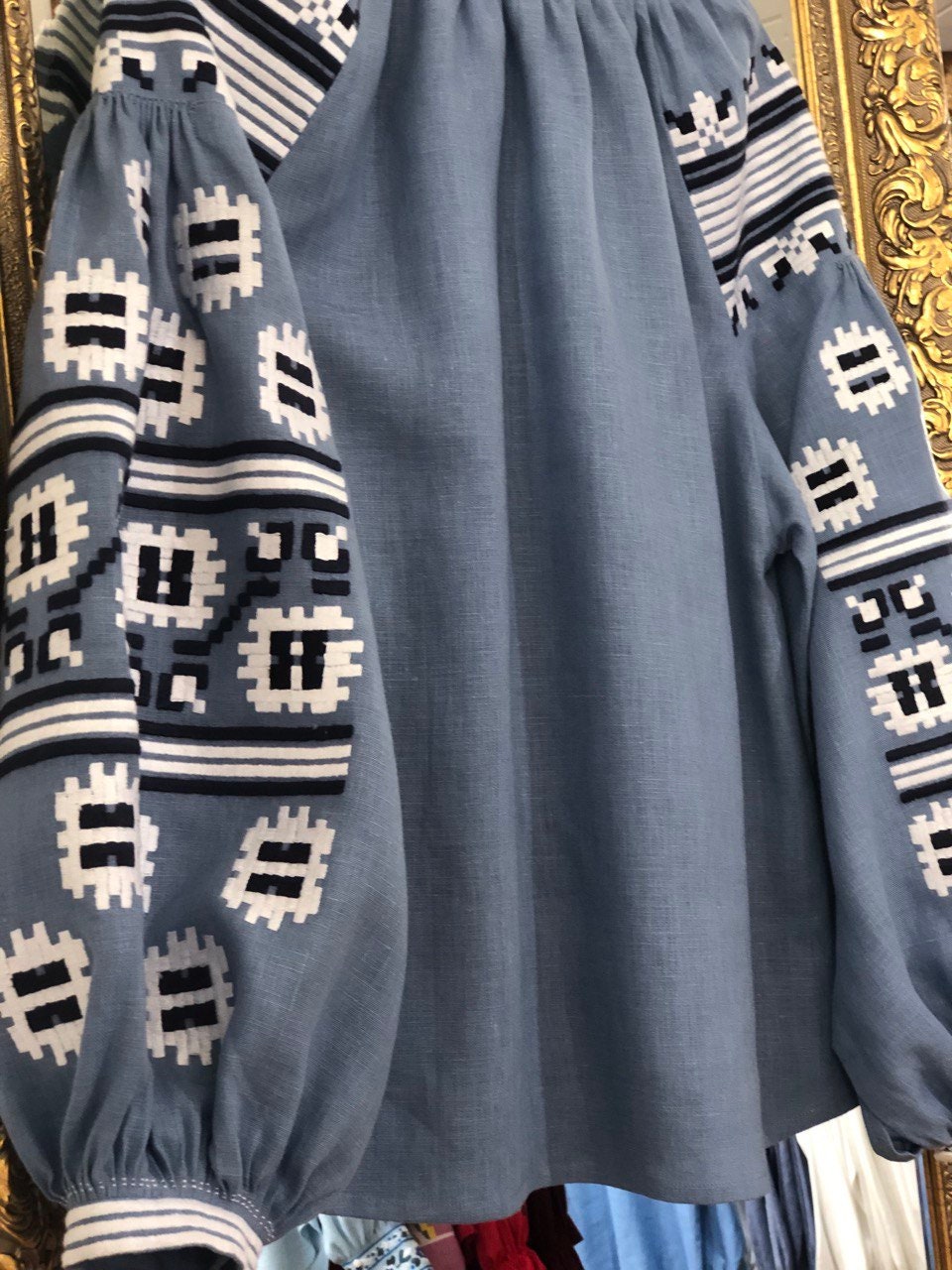 Ukrainian Vyshyvanka Blue Linen Embroidered Boho Blouse for Women