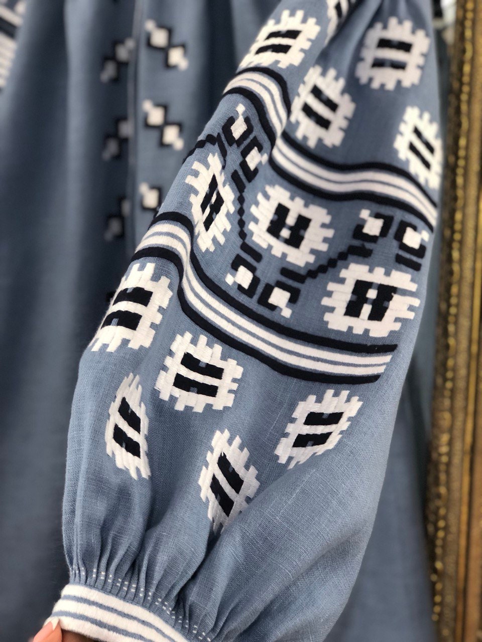 Ukrainian Vyshyvanka Blue Linen Embroidered Boho Blouse for Women