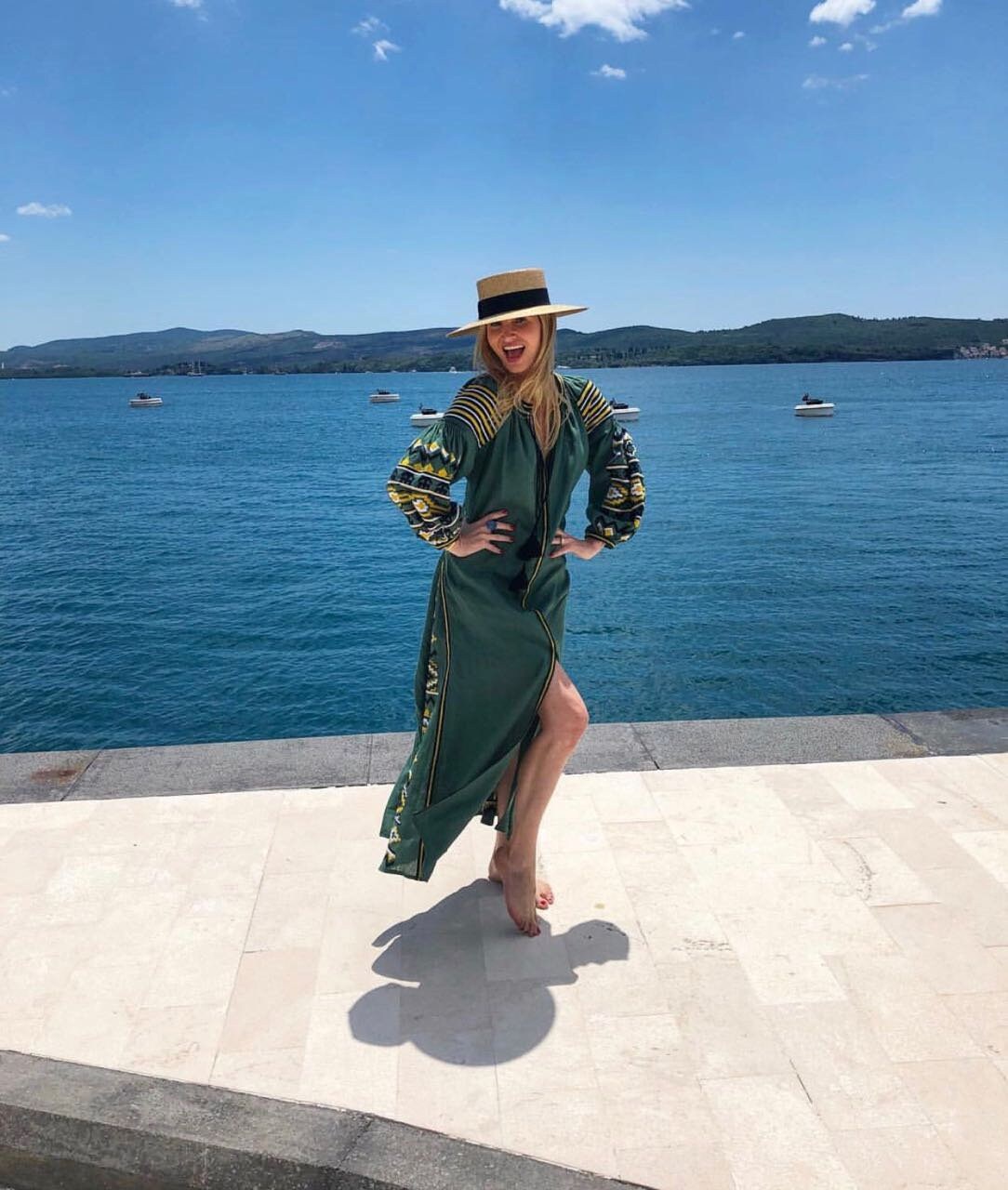 Ukrainian Vyshyvanka Linen Embroidered Green Dress for Women