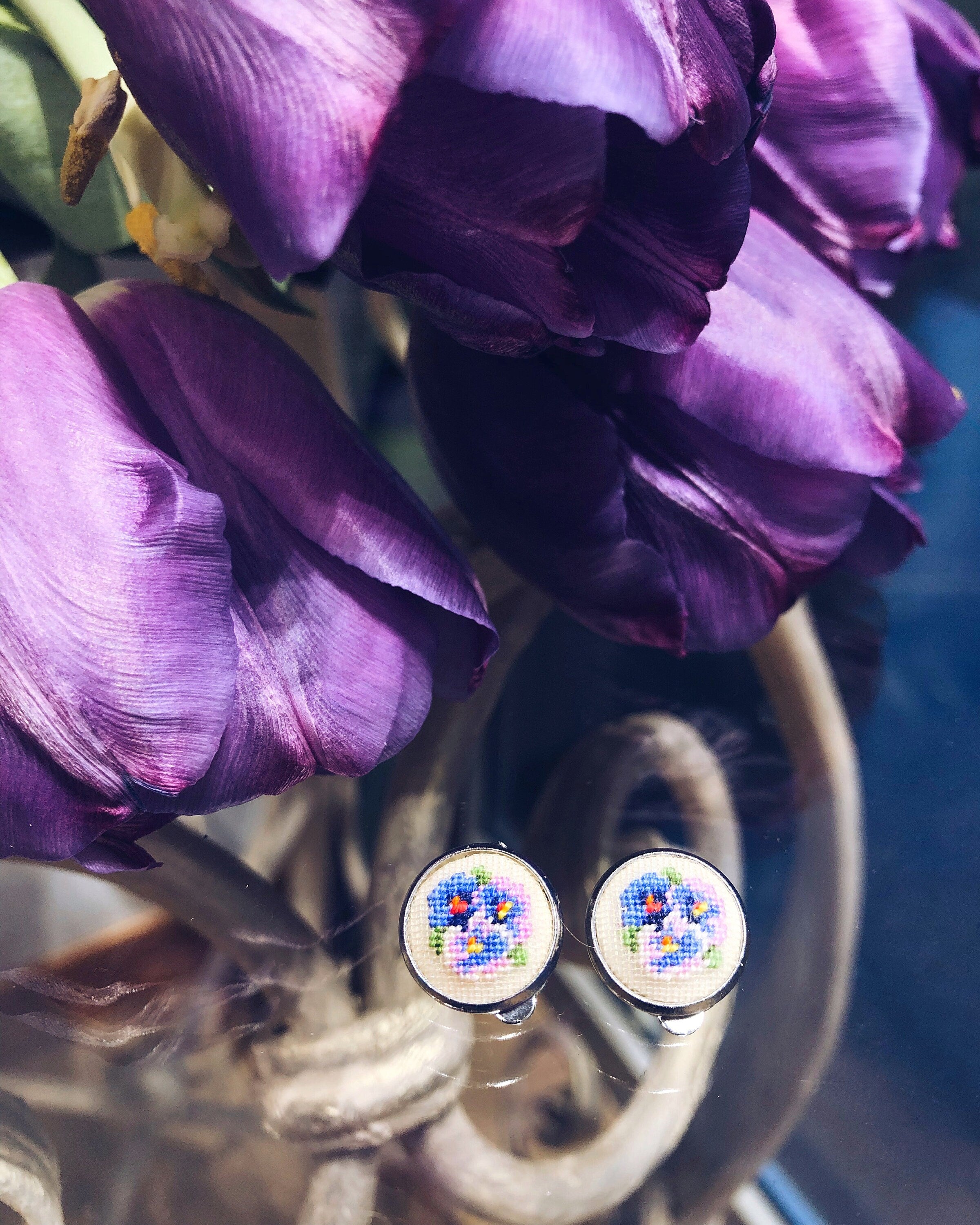 Embroidered Carnation Earrings - Handcrafted Clips for Women